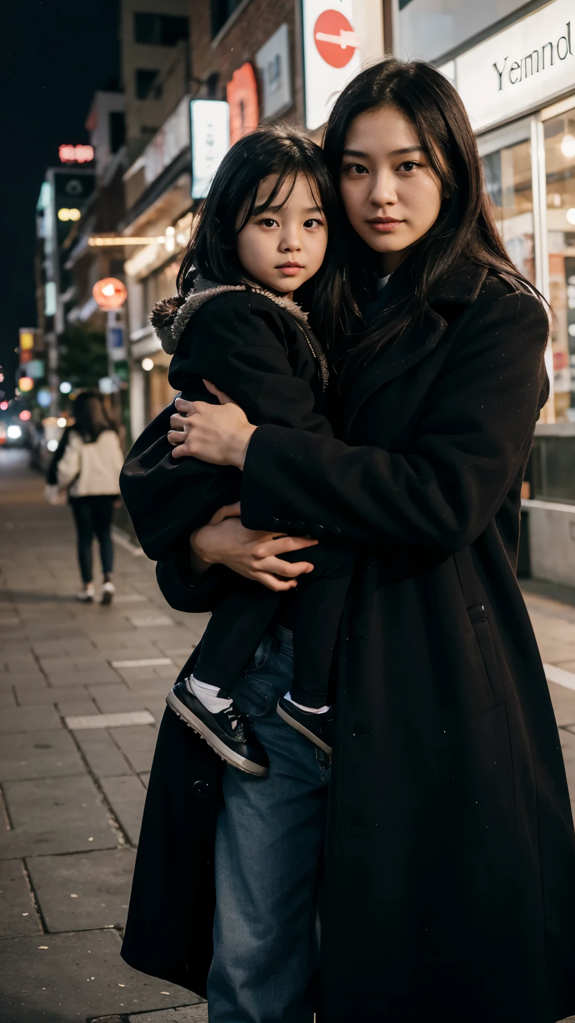 Korean family photo. 30 year old woman with long, flowing black hair. wearing a long black coat, holding a 4 year old girl wearing black clothes. on the left there is a 20 year old man and on the right there is a 17 year old man wearing a long black coat. blurry city lights background