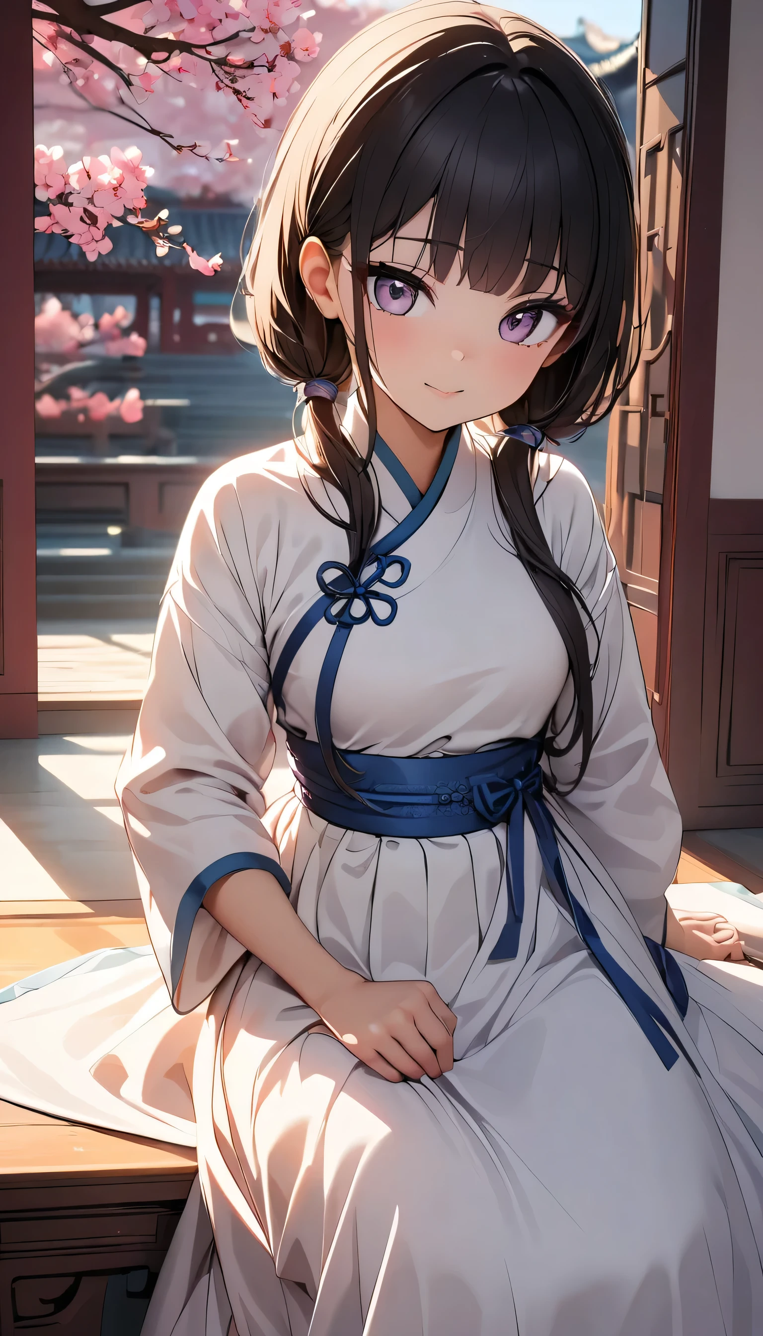 There is a cartoon girl in a dress, China dress, hanbok apron, Chinese Costume, Chinese traditional clothing, Close-up - view, hanbok, wearing ancient Chinese Costume, with ancient Chinese Costume, palace, Girl in Hanfu, White Hanfu, China dress, Kitten with pink flowers, Shadow Room, Light Edge, Two-tone lighting, (Skin with attention to detail: 1.2), 8K Ultra HD, Digital SLR, Soft Light, high quality, Volumetric lighting, Sneak a peek, photograph, High resolution, 4K, 8k, Background blur
