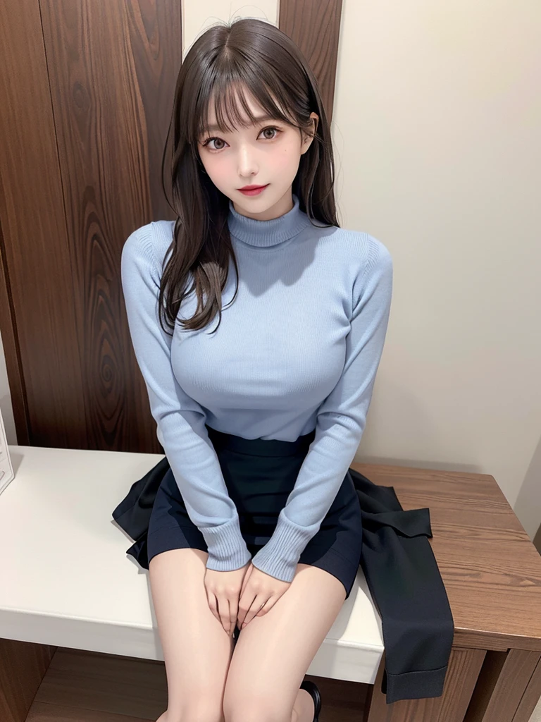 masutepiece, Best Quality, Illustration, Ultra-detailed, finely detail, hight resolution, 8K Wallpaper, Perfect dynamic composition, Beautiful detailed eyes,short bob, mid-chest, Natural Color Lip, Random and y poses,Smile,26 years girl、Colossal titamination room、Red High-Neck Sweater: A cozy red sweater with a high neckline, perfect for chilly days. It adds warmth and style to your ensemble. Navy Blue Pencil Skirt: A classic and elegant choice. The pencil skirt typically falls just below the knee, creating a flattering silhouette1. Sheer Stockings: These delicate stockings add a touch of sophistication. They’re lightweight and perfect for pairing with skirts or dresses.doctor coat Blue High-Heeled Shoes: Elevate your look with blue high-heeled shoes. They elongate your legs and add a polished touch. Brown Hair: Your natural hair color complements the overall outfit. It’s versatile and goes well with various styles. White Coat (Like a Doctor): The white coat adds a professional touch, reminiscent of a doctor’s attire. It’s a symbol of authority and expertise.