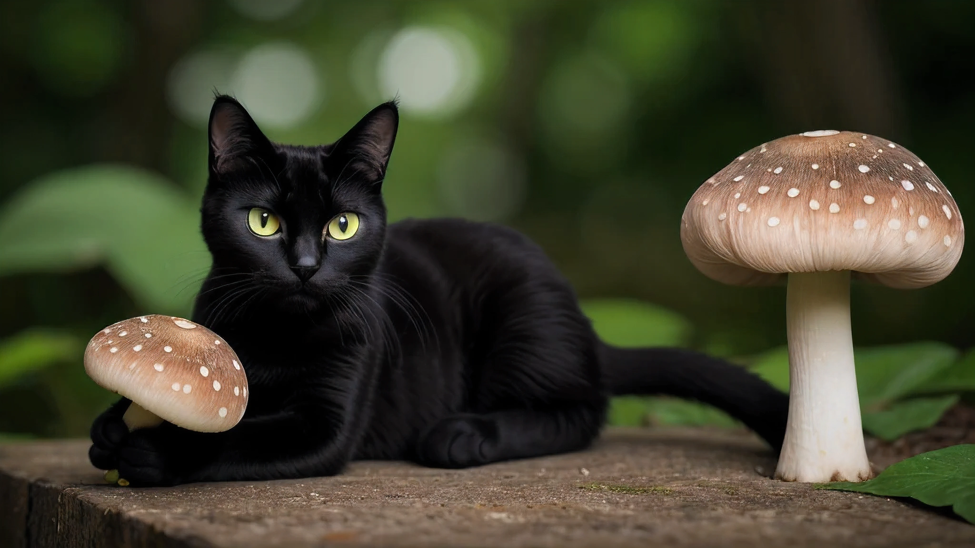 (best quality,highres),(best quality,4k,8k,highres,masterpiece:1.2),ultra-detailed,(realistic,photorealistic,photo-realistic:1.37),A cat eating a green mushroom,[illustration,photo-realistic],detailed cat with beautiful eyes,adorable expression,lush green garden background,delicate mushroom with unique texture,vibrant colors,soft lighting,a black cat