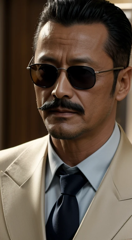 sunglasses、50 years old,Hidetoshi Nakata ,(Kogoro dies 1.3), ,Ton, moustache, small beard, short hair, Super detailed, Wallpaper Images, Movie Scenes, masterpiece, 4K HD, 8K HD