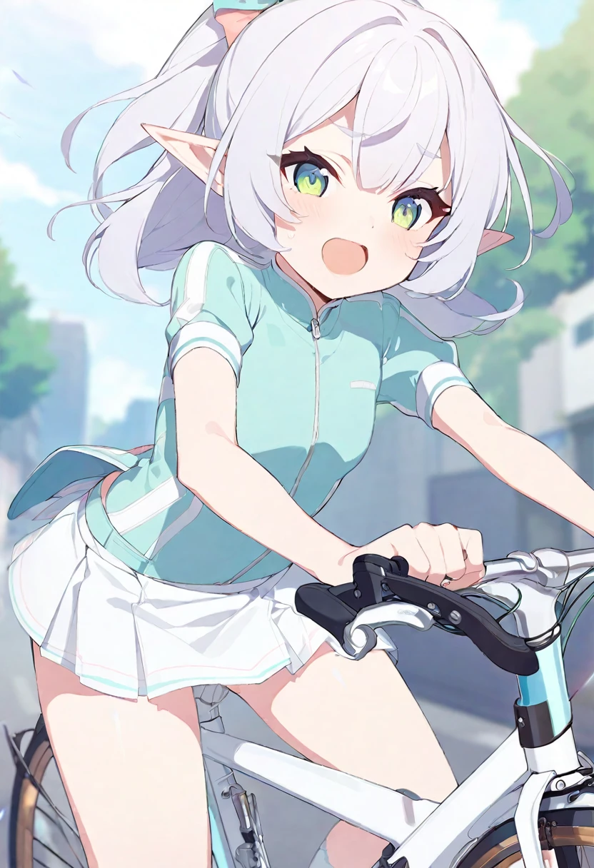 elf cute anime girl riding a bicycle, miniskirt, white panties,
