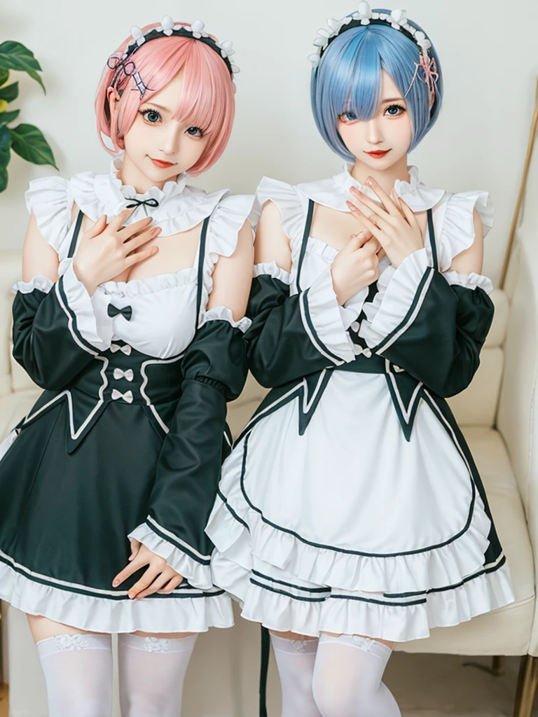 (8K, Photorealistic, Raw photo, of the highest quality: 1.3), (1girl in), Super beautiful, (Realistic face), (boyish, light blue Color Berry Shorthair),(8K, Photorealistic, Raw photo, of the highest quality: 1.3), (1girl in), Super beautiful, (Realistic face), (boyish, pink Color Berry Shorthair), Beautiful , Glare that captivates the viewer, Beautiful expression, Beautiful breasts, (Realistic skin), Be...Create a detailed and colorful image of Ram and Rem from Re:Zero, standing back-to-back in their maid outfits, with a magical fantasy background、14years old, two girls,cute, perfect face, beautiful, nice body, gothic lolita clothes, gothic lolita fashion, frilly skirt, headdress, necklace, bracelet, knee-high socks, boots, double eyelids, tear bags, Detailed down to the fingers, photo-like description, indoors, dim indoor lighting, one girl is pink hair and short bob, another girl is light blue hair and short bob,standing, whole body, composition that shows the whole body, smiling,The Both of them are wearing the same type of maid outfit