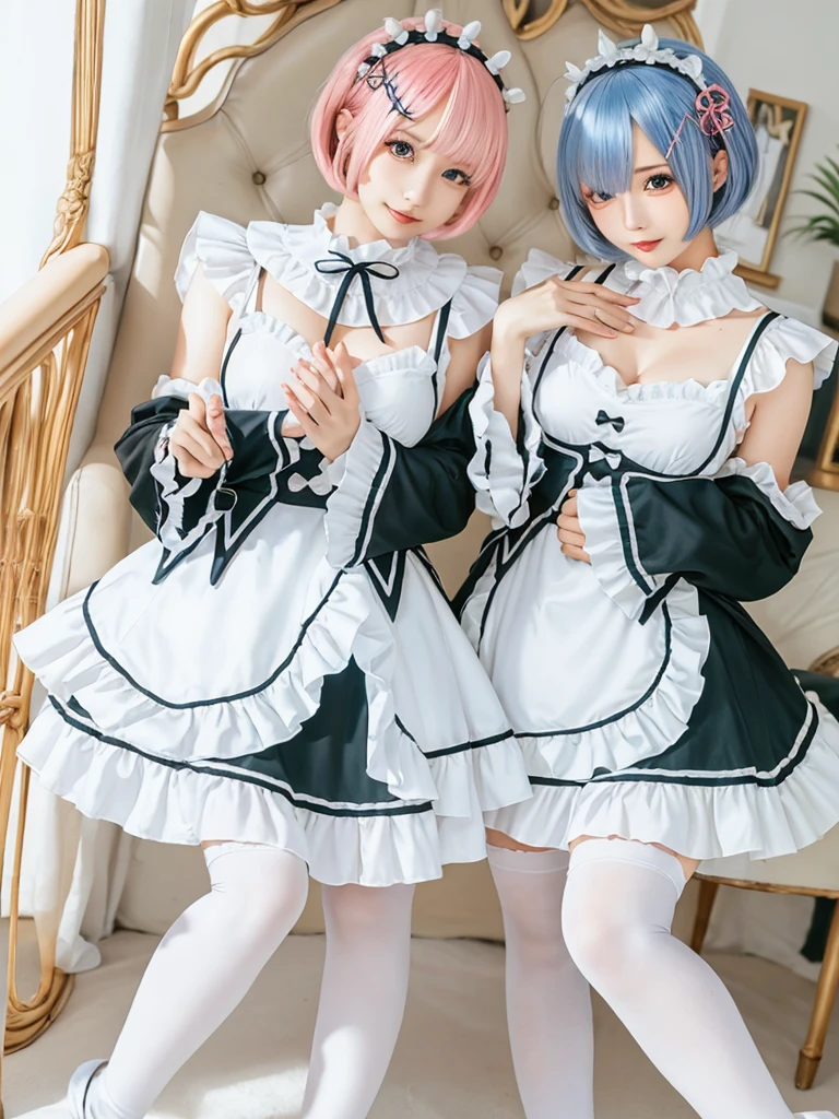 (8K, Photorealistic, Raw photo, of the highest quality: 1.3), (1girl in), Super beautiful, (Realistic face), (boyish, light blue Color Berry Shorthair),(8K, Photorealistic, Raw photo, of the highest quality: 1.3), (1girl in), Super beautiful, (Realistic face), (boyish, pink Color Berry Shorthair), Beautiful , Glare that captivates the viewer, Beautiful expression, Beautiful breasts, (Realistic skin), Be...Create a detailed and colorful image of Ram and Rem from Re:Zero, standing back-to-back in their maid outfits, with a magical fantasy background、14years old, two girls,cute, perfect face, beautiful, nice body, gothic ta clothes, gothic loliashion, frilly skirt, headdress, necklace, bracelet, knee-high socks, boots, double eyelids, tear bags, Detailed down to the fingers, photo-like description, indoors, dim indoor lighting, one girl is pink hair and short bob, another girl is light blue hair and short bob,standing, whole body, composition that shows the whole body, smiling,The Both of them are wearing the same type of maid outfit