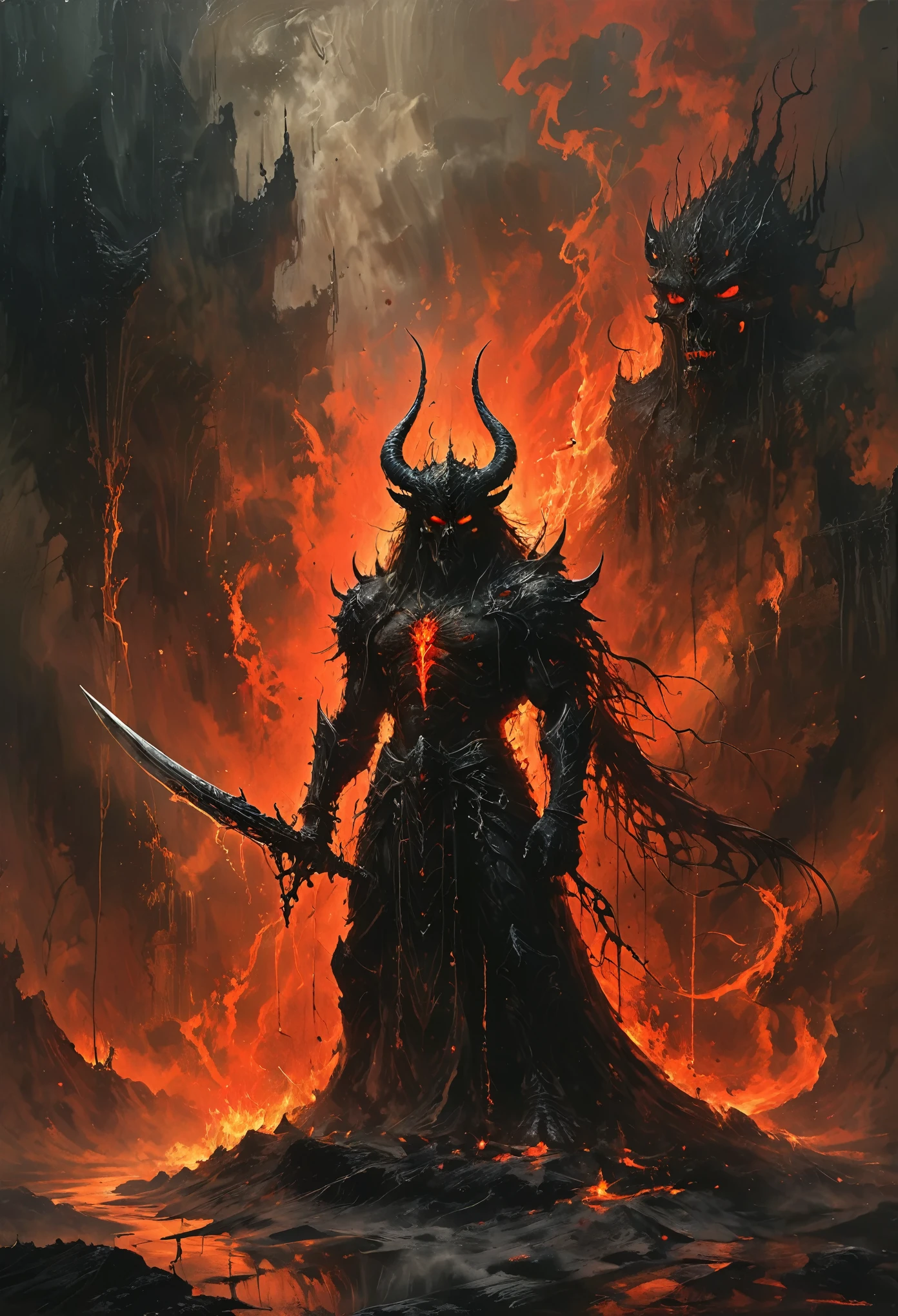 Lava Demon:1.37,Holding a long sword,court-room,Hell,Bride,iron chain,shackles,dark ominous atmosphere,molten lava,fiery red eyes,muscular demon body,demonic horns,smoke and flames,dark shadows,glowing sword,ominous glowing ruins,eerie red lighting,gloomy and unsettling,majestic and intimidating,ominous presence,heat and smoke,molten rock and lava streams,ominous design of the court-room,ominous symbols and sigils,ominous and foreboding,ominous whispers of the dammed,crimson and black color scheme,intense heat and fire,ominous throne,menacing aura,demonic energy coursing through the demon's veins,mysterious darkness.Standing high，Flowing magma，crack，Viscous liquid，red，Many skeletons on the ground，Human skeleton