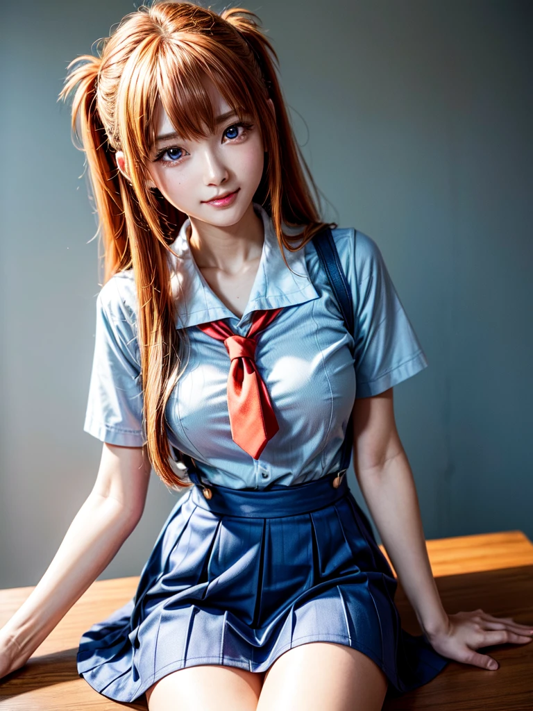 (8k, highest quality, Pieces fly:1.2)、Ultra-high resolution、anime,1 very pretty girl,Asuka Langley,Highly detailed face, Fine grain,blue eyes,,White sailor collar plain short sleeve shirt,Light blue skirt,Light Blue Suspenders,uniform_Red ribbon,Orange Hair,Long Hair、Detailed hand and fingers,put your hands in your hair,Grin、sitting on desk,Shooting from the sky,classroom