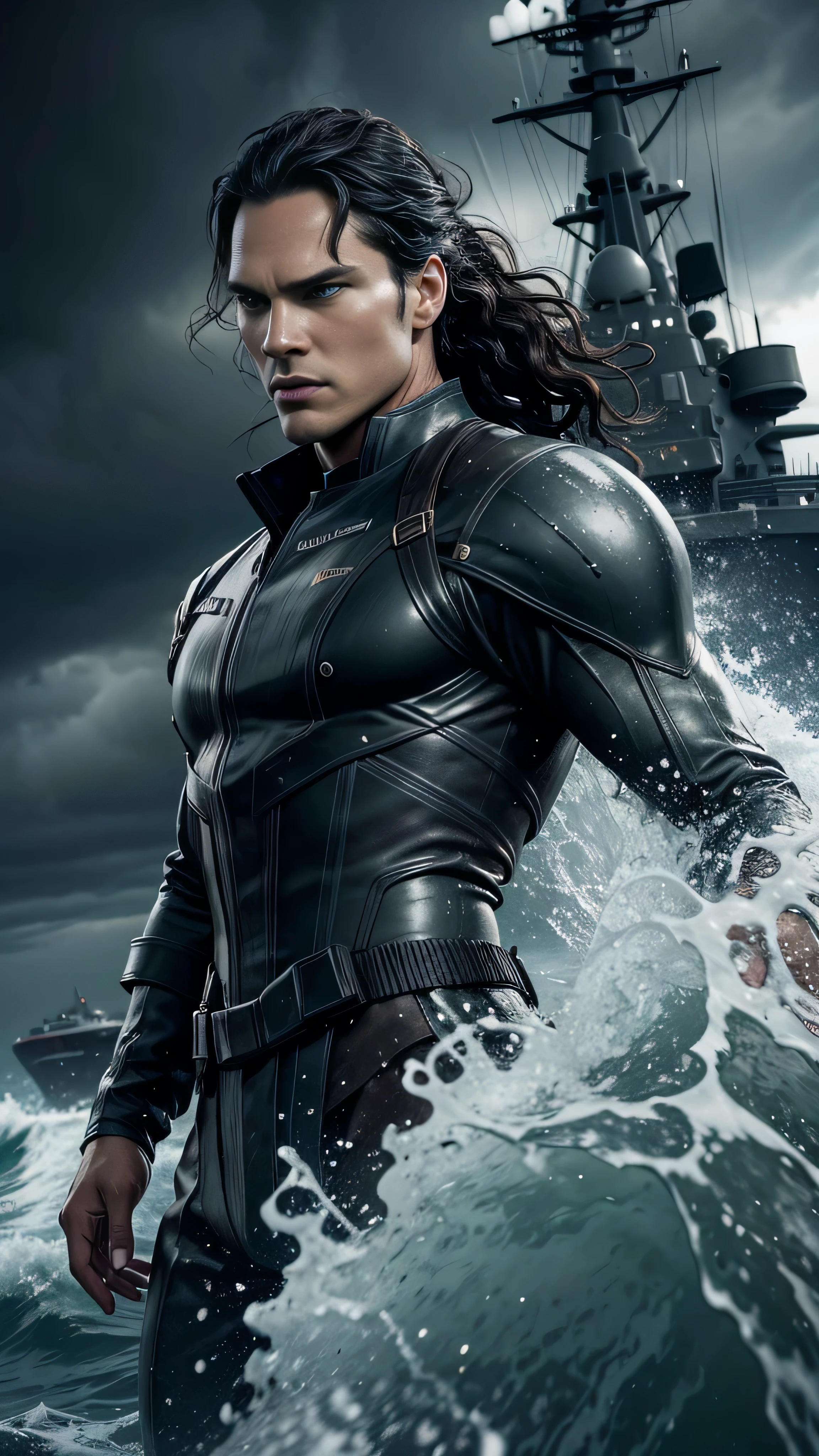 With high definition images, a surrealist masterpiece: 1.3,
A commanding figure with black hair, Taylor Kitsch,
Masterpiece, Super detail, 8k,
A scene from a movie, atop a battleship,
Taylor Kitsch, a charismatic leader with intense gaze,
Realistic, detailed face and body,
Black hair flowing in the wind,
Surrounded by a backdrop of a stormy sea,
Majestic battleship under ambient lighting,
Volumetric effects and high contrast,
Weathered textures on the battleship's deck,
Detailed uniform and equipment,
High definition reflections on the water