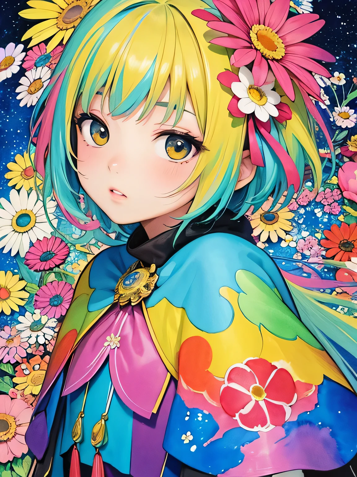 Takashi Murakami style、8K Quality、Intense watercolor, Detailed watercolor art, Watercolor splash, Surreal, avant-garde pop art, Beautiful and expressive paintings, Beautiful artwork illustration, Very colorful tones, wonderful, Cool beauty, highest quality、Official Art, Vector art, Stylish design, ((The most beautiful girl of all time)), (((highest quality))), HDR, ((detailed)), (((Doodle Art)), ((masterpiece)), ((Super detailed)), (((Colorful flowers))), Midsummer Night Sky,