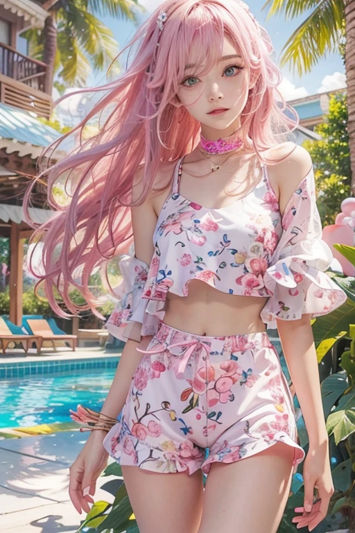 Light pink hair, Pink Eyes, Pink and white, Vibrant colors, Ray Tracing, Wavy long hair、Walking by the pool at a resort hotel、Entering the blue sky、white top bikini、One leg is visible through the pareo.,21 years old