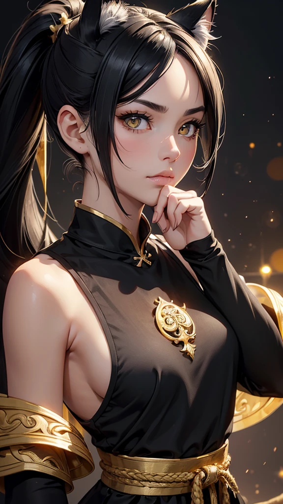 (high resolution, upper body, soft skin:1.2),(best illustration,masterpiece:1.2),ultra-detailed,[(cat ears , black inside:1.2, black ponytail hair, gold cat eyes),vivid colors,sharp focus,portrait,studio lighting,bokeh, wearing a gold qupao, kung fu stance