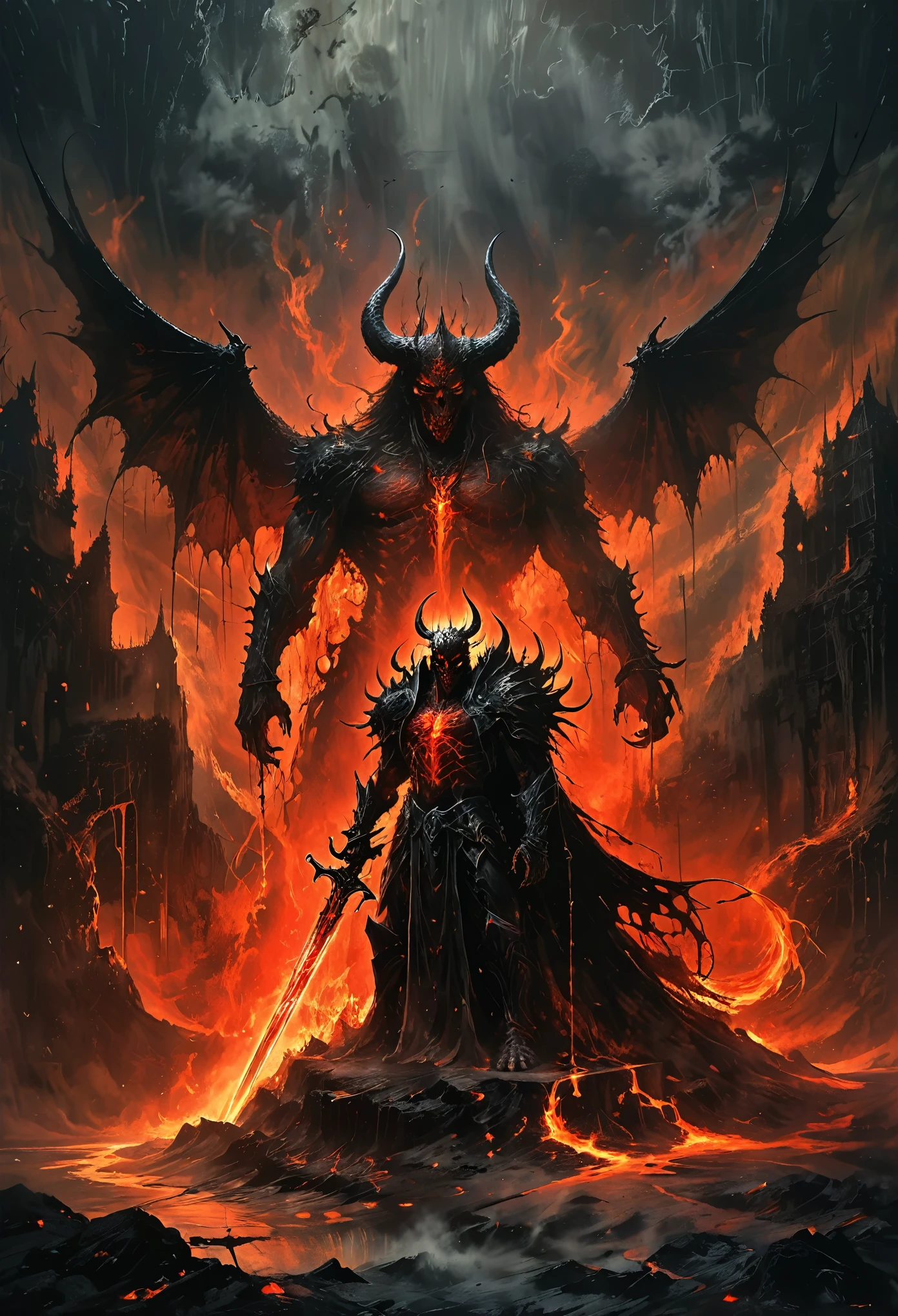 Lava Demon:1.37,Holding a long sword,court-room,Hell,Bride,iron chain,shackles,dark ominous atmosphere,molten lava,fiery red eyes,muscular demon body,demonic horns,smoke and flames,dark shadows,glowing sword,ominous glowing ruins,eerie red lighting,gloomy and unsettling,majestic and intimidating,ominous presence,heat and smoke,molten rock and lava streams,ominous design of the court-room,ominous symbols and sigils,ominous and foreboding,ominous whispers of the dammed,crimson and black color scheme,intense heat and fire,ominous throne,menacing aura,demonic energy coursing through the demon's veins,mysterious darkness.Standing high，Flowing magma，crack，Viscous liquid，red，Many skeletons on the ground，Human skeleton