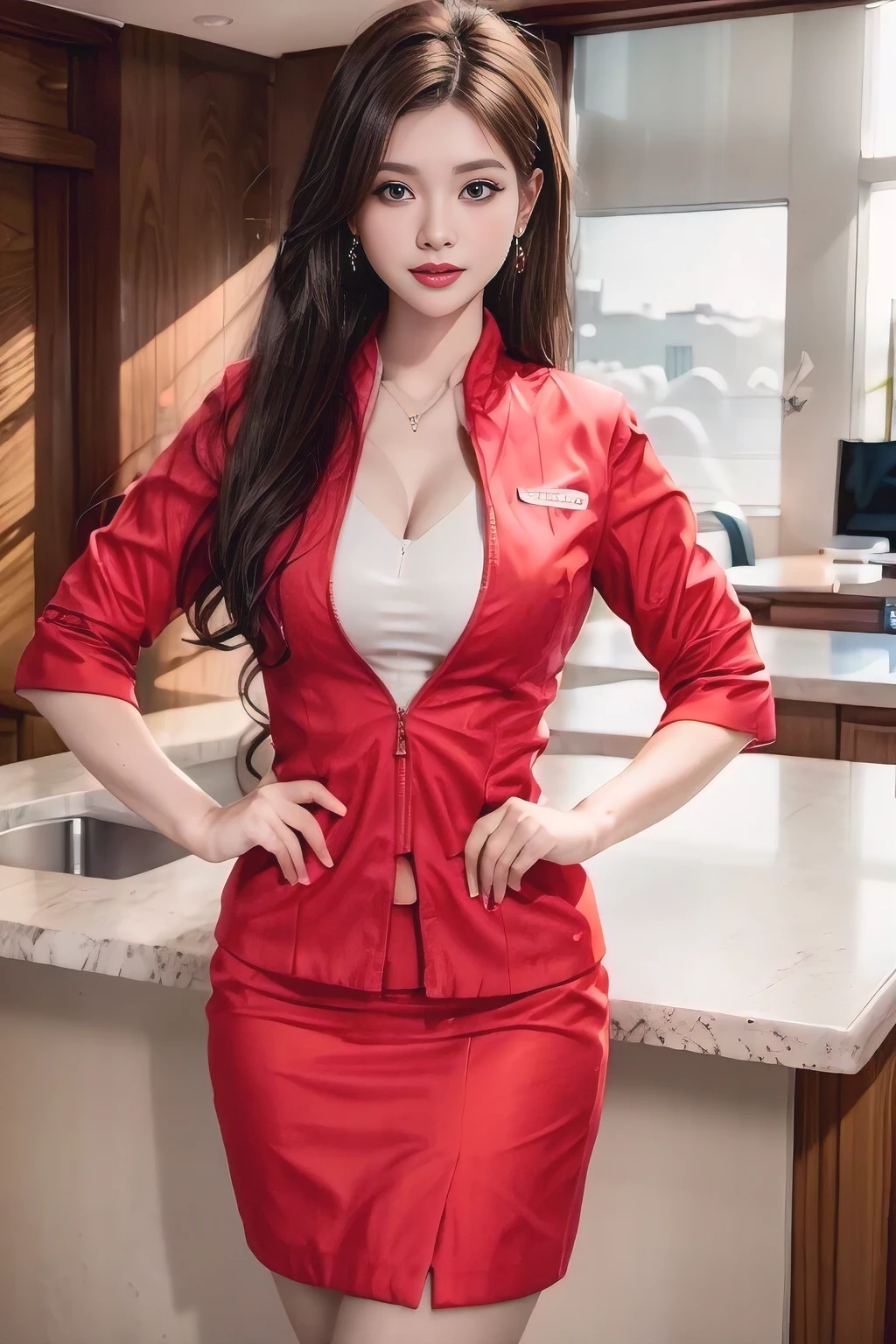 AirAsia red jacket uniform、Dark brown hair、Luxury earrings、Captivating look、Blue Eyes、Young Asian Woman