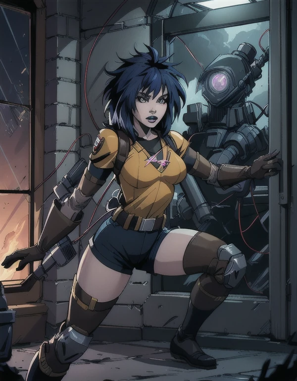 kyliegriffin_gb, ghostbusters, armor, dynamic pose, (masterpiece:1.4),(best quality:1.4),(highres:1.4),absurdres, intricate details,(highly detailed skin:1.2), 1girl, solo, large breasts,
(movie composition), amazing composition, depth of field, indirect lighting, ambient lighting, (random colors), (dynamic colors), (dynamic weather),
shorts, haunted, proton pack, knee pads, elbow pads, gloves, dynamic pose,