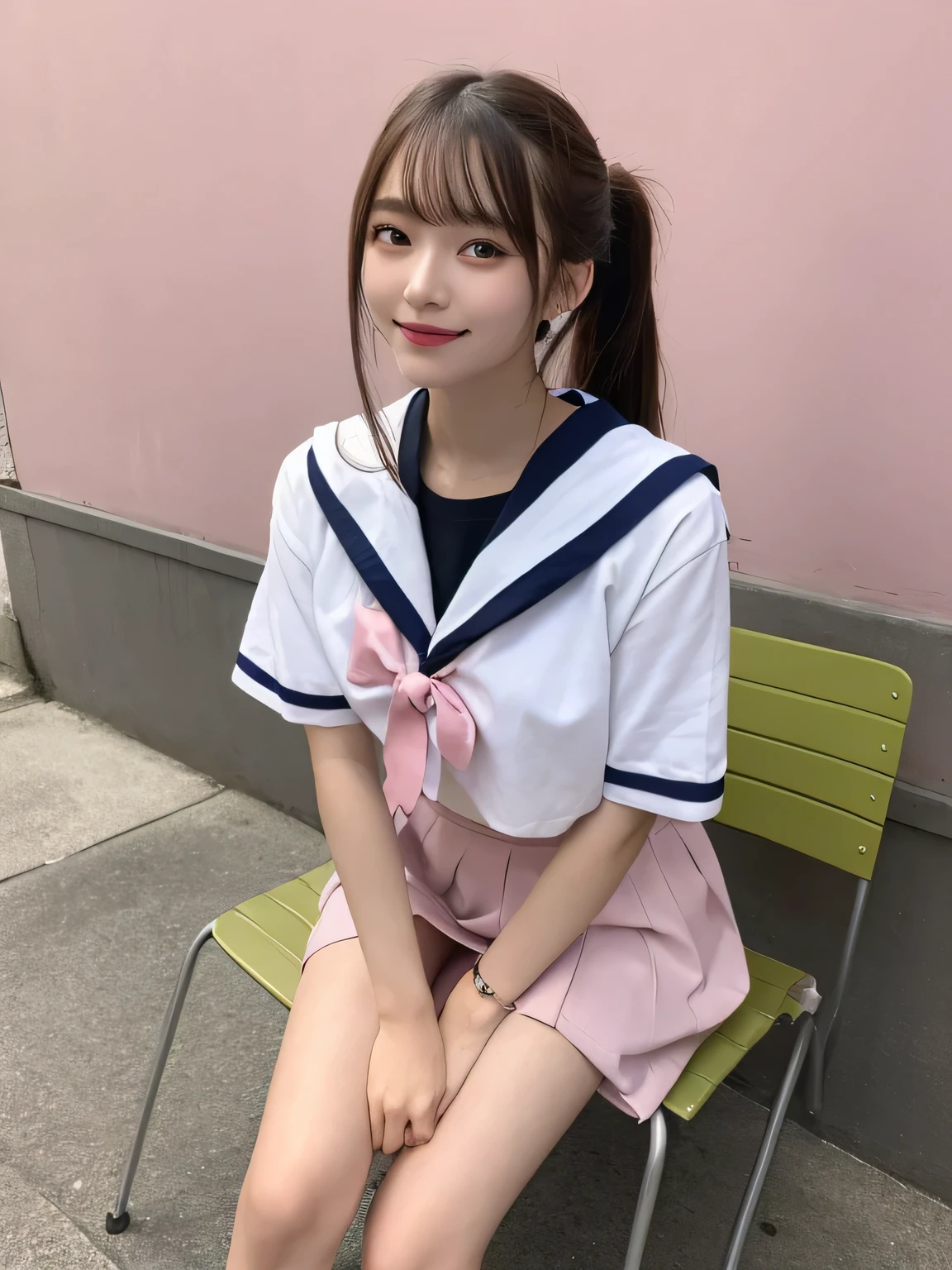 In detail,Full body photo、 High resolution, high quality、Slim body、Perfect dynamic composition, Beautiful fine details, Blonde、ponytail、Natural color lip,Kamimei、、1 person、Clear Skin、Sailor suit、Red mini skirt、Thighs、Shiny Hair、最high quality, figure, Very detailed, In detail, High resolution, 8k、The correct state of the human body、Sculpture model pose,Pink wall,Sitting in a chair、Thighs are visible、smile、