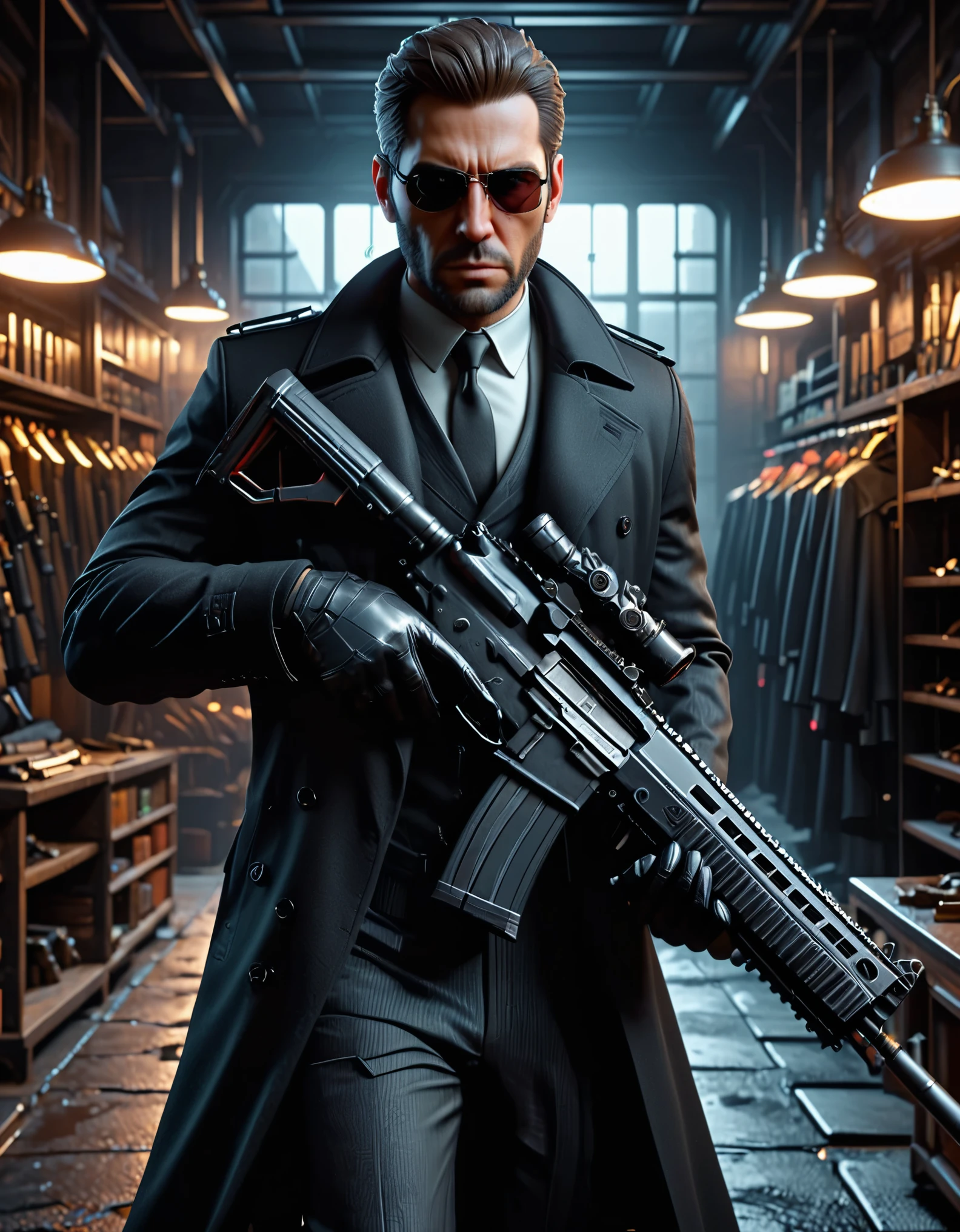 there is a man in a suit and tie holding an assault rifle, neo - noir style, 3 d render character art 8 k, (albert wesker:0.4) full body portrait, neo noir style, concept art like ernest khalimov, cinematic full character, male character, highly detailed character, full body shot hyperdetailed, (arnold maya render:0.4), he is wearing a black trenchcoat, solo, single, (eyeglasses), long black trenchcoat, black suit and tie, (black shirt), dress shoes, formal, stoic. (weapons room backdrop, shelves behind him, weapons on each shelf).