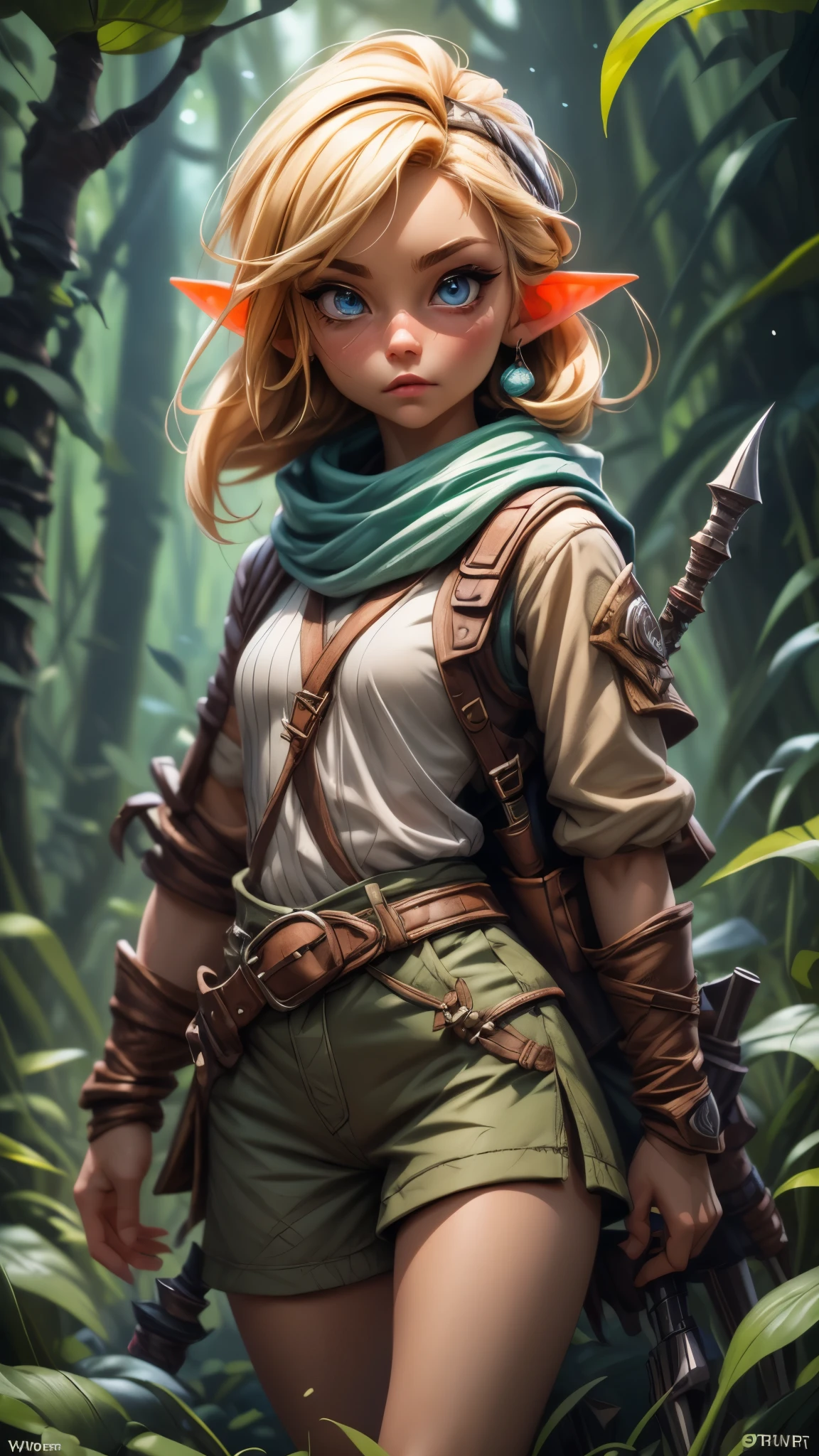 (best quality,4k,8k,highres,masterpiece:1.2),ultra-detailed, female gnome, short blond hair, blue eyes, light blue scarf with white stripes, khaki cargo shorts, green vest, wielding an orbstaff, RPGGnome, short girl, small girl, piperperri, HDR, 8k, absurdres, cinestill 800, sharp focus, add_detail:2, (solo, woman)