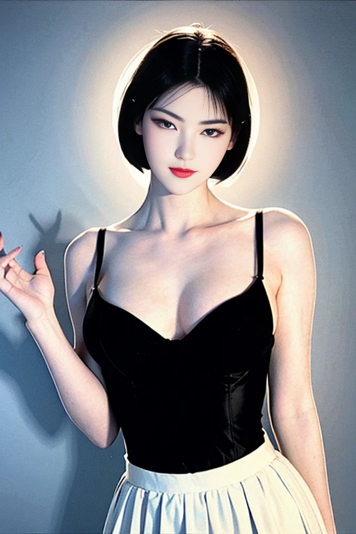 Narrow eyes, 1 girl, all white, expressionless, bob, bob, forehead, relief, black hair, bob, solo, cowgirl, two-piece, ((voluptuous breasts)), narrow slit eyes, black eyes, sparkling light eyes, Black hair, gloves, dress, luxurious jewelry, earrings, piercing eyes, elbow grooves, hands raised and hair tied back, random color, random color dress, long eye makeup, narrow eyes, smile, lipstick, complex petal pattern, Rim light, backlight, pastel color, studio lighting