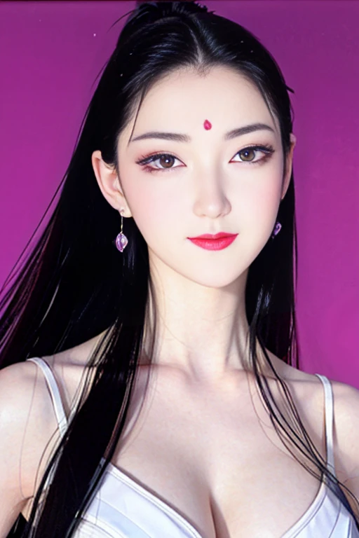 Narrow eyes, 1 girl, all white, expressionless, bob, bob, forehead, relief, black hair, bob, solo, cowgirl, two-piece, ((voluptuous breasts)), narrow slit eyes, black eyes, sparkling light eyes, Black hair, gloves, dress, luxurious jewelry, earrings, piercing eyes, elbow grooves, hands raised and hair tied back, random color, random color dress, long eye makeup, narrow eyes, smile, lipstick, complex petal pattern, Rim light, backlight, pastel color, studio lighting