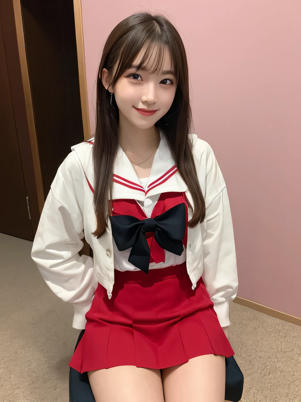 In detail,Full body photo、 High resolution, high quality、Slim body、Perfect dynamic composition, Beautiful fine details, Blonde、ponytail、Natural color lip,Kamimei、、1 person、Clear Skin、Sailor suit、Red mini skirt、Thighs、Shiny Hair、最high quality, figure, Very detailed, In detail, High resolution, 8k、The correct state of the human body、Sculpture model pose，Pink wall,Sitting in a chair、Thighs are visible、smile、