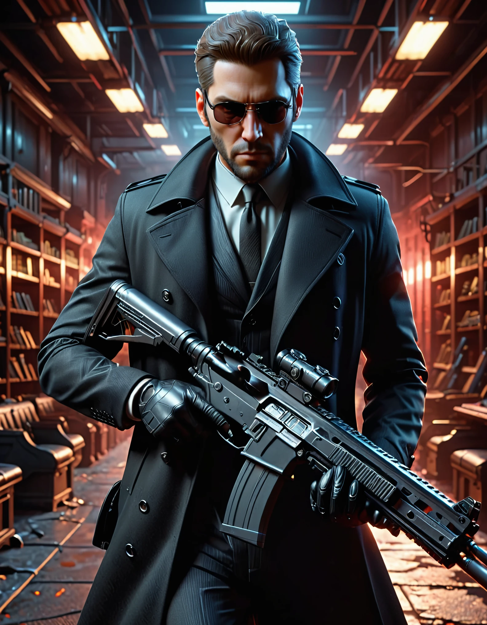 there is a man in a suit and tie holding an assault rifle, neo - noir style, 3 d render character art 8 k, (albert wesker:0.4) full body portrait, neo noir style, concept art like ernest khalimov, cinematic full character, male character, highly detailed character, full body shot hyperdetailed, (arnold maya render:0.4), he is wearing a black trenchcoat, solo, single, (eyeglasses), long black trenchcoat, black suit and tie, (black shirt), dress shoes, formal, stoic. (weapons room backdrop, shelves behind him, weapons on each shelf).