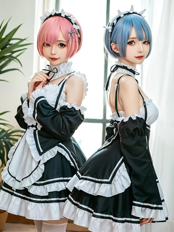 (8K, Photorealistic, Raw photo, of the highest quality: 1.3), (1girl in), Super beautiful, (Realistic face), (boyish, light blue Color Berry Shorthair),(8K, Photorealistic, Raw photo, of the highest quality: 1.3), (1girl in), Super beautiful, (Realistic face), (boyish, pink Color Berry Shorthair), Beautiful , Glare that captivates the viewer, Beautiful expression, Beautiful breasts, (Realistic skin), Be...Create a detailed and colorful image of Ram and Rem from Re:Zero, standing back-to-back in their maid outfits, with a magical fantasy background、14years old, two girls,cute, perfect face, beautiful, nice body, gothic lolita clothes, gothic lolita fashion, frilly skirt, headdress, necklace, bracelet, knee-high socks, boots, double eyelids, tear bags, Detailed down to the fingers, photo-like description, indoors, dim indoor lighting, one girl is pink hair and short bob, another girl is light blue hair and short bob,standing, whole body, composition that shows the whole body, smiling,The Both of them are wearing the same type of maid outfit