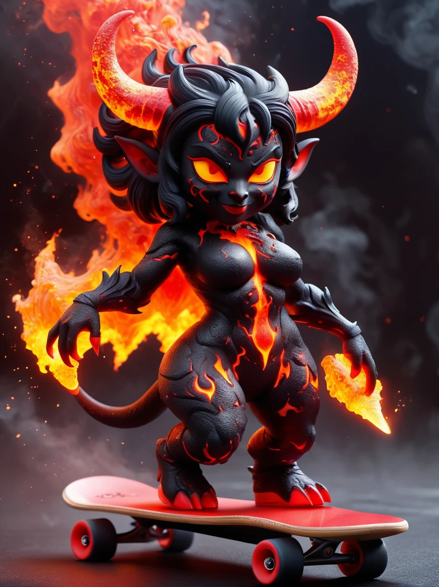 (1 female devil with a body made of volcanic magma and lava:1.5)，(With menacing horns and crimson lava skin:1.3), strike a playful pose, Standing on a skateboard, (Close one eye:1.3), Red Eyes, Pouting cute little mouth, Swirling tendrils of smoke leave behind them，proudly, Cartoon Style, full-body shot, Created with C4D and Blender, Blind box toy styles, Super Detail, Anatomically correct, masterpiece, precise