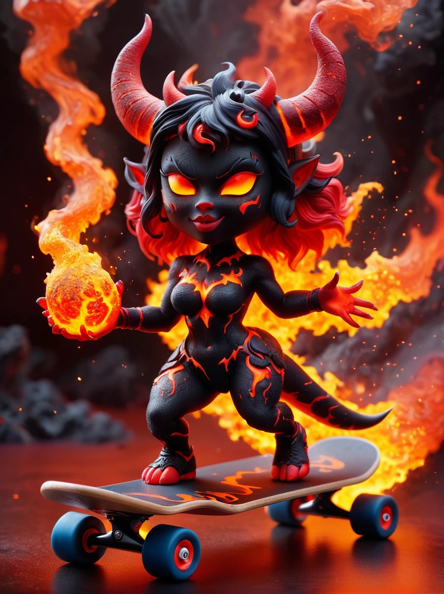 (1 female devil with a body made of volcanic magma and lava:1.5)，(With menacing horns and crimson lava skin:1.3), strike a playful pose, Standing on a skateboard, (Close one eye:1.3), Red Eyes, Pouting cute little mouth, Swirling tendrils of smoke leave behind them，proudly, Cartoon Style, full-body shot, Created with C4D and Blender, Blind box toy styles, Super Detail, Anatomically correct, masterpiece, precise