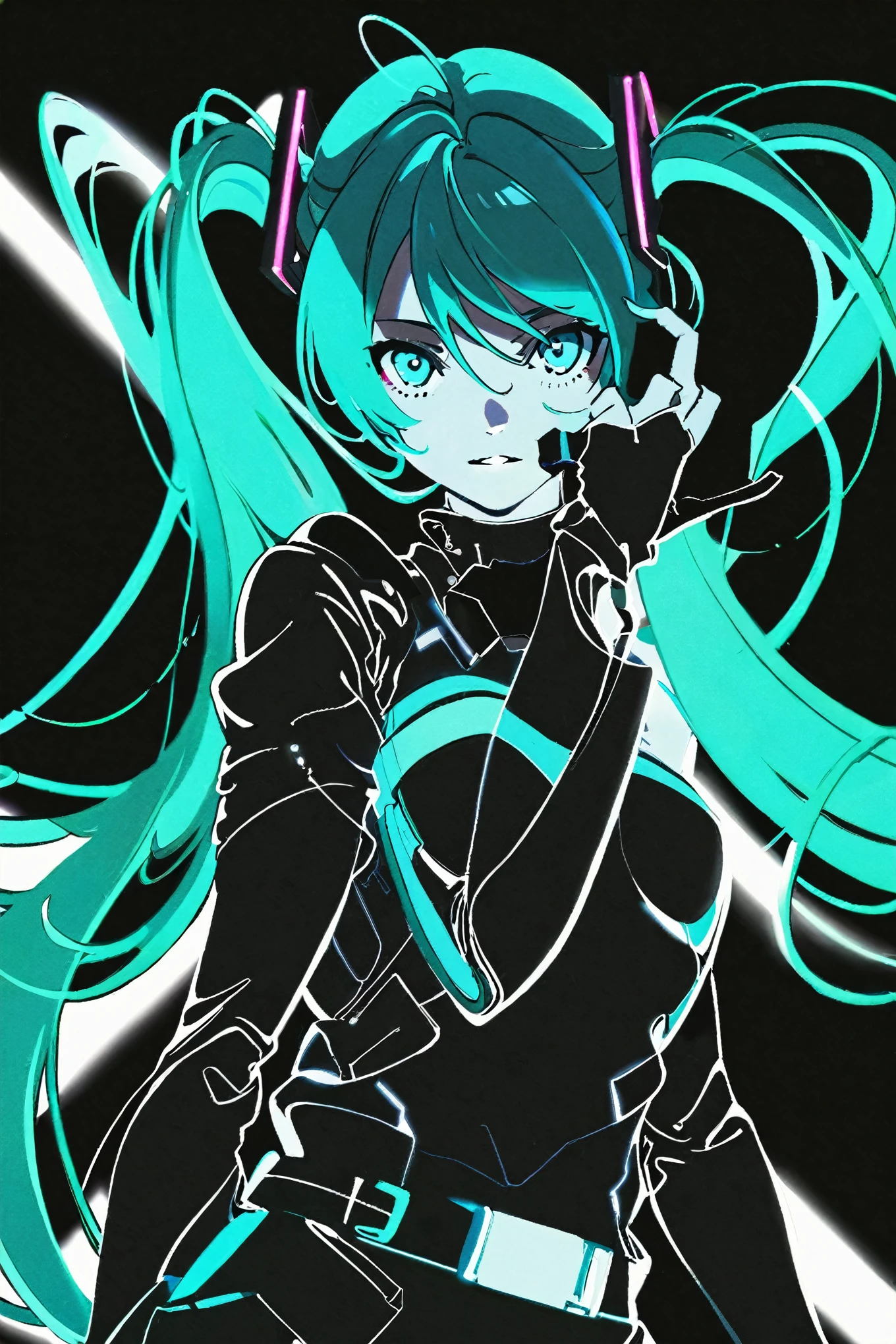 by yoneyama mai hatsune miku, One girl, Long Hair, Aqua Eye, Aqua Hair, Glowing clothes, Upper Body