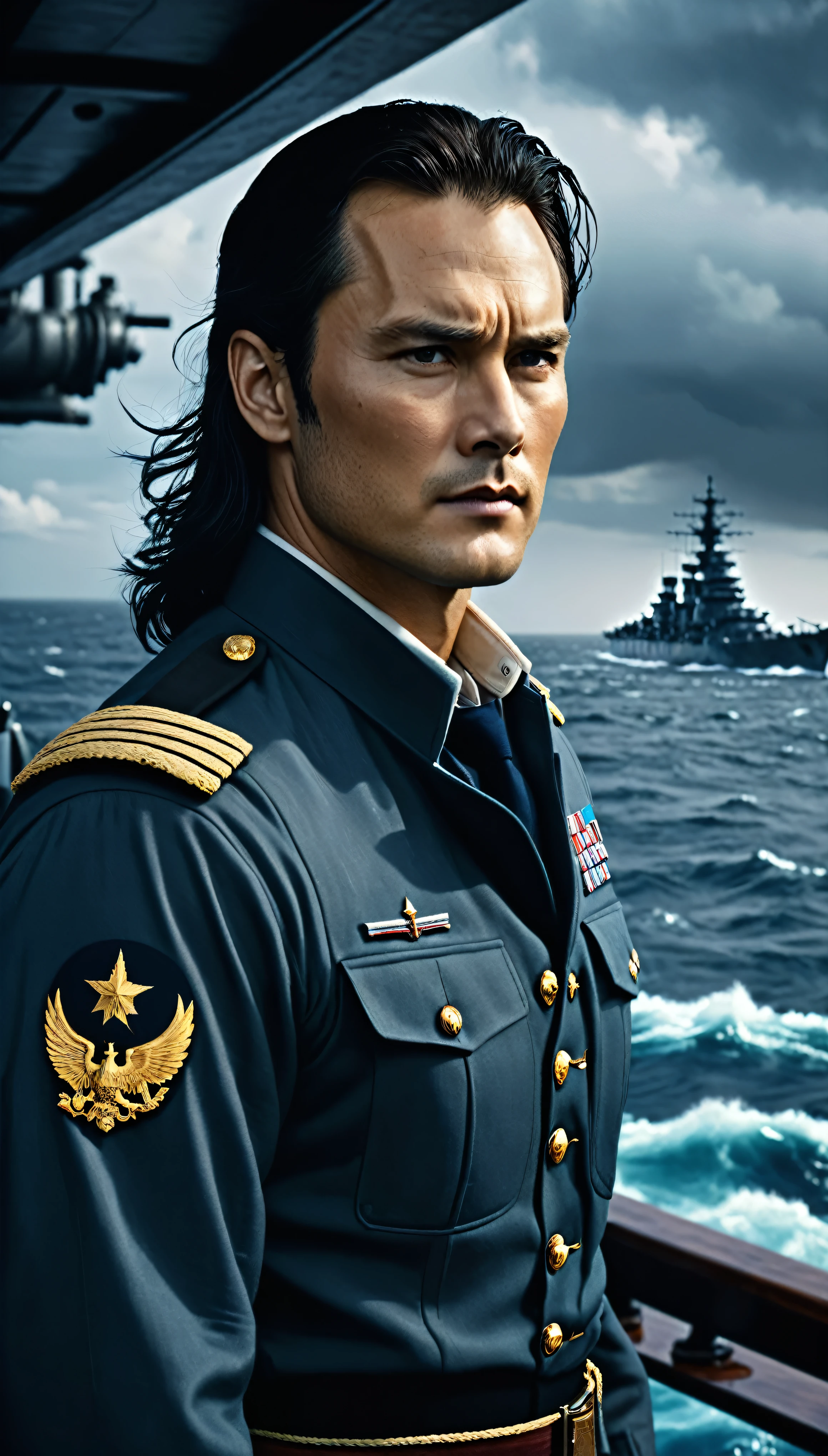 with high definition images、A surrealist masterpiece:1.3、 A dignified figure with dark hair、Taylor Kitsch、 masterpiece、Super Detail、8k、 A scene from the movie &quot;Battleship&quot;、 A charismatic leader with a strong gaze、Taylor Kitsch、 Realistic and detailed face and body、 Black hair fluttering in the wind、 With the raging sea in the background、 Majestic battleship under ambient lighting、 Volumetric effects and high contrast、 Weathered texture of a battleship deck、 Detailed uniforms and equipment、 High-definition reflections on the water surface