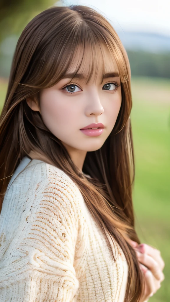Best quality, 8k, ,Masterpiece :1.3)), facing viewer,((full body1.2)) ,pretty woman, wide shot ,1girl, , selfie , , Ranch, brown hair , bangs,ultra-detailed face, highly detailed lips, detailed eyes, double eyelid