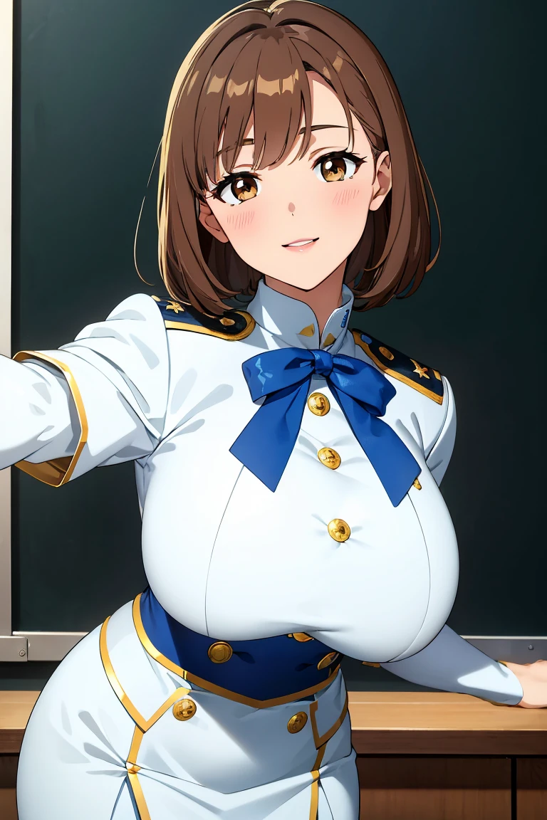 elite , Blue, White and Gold Uniform, White Skirt, White top, Blue Ribbon, Gold Button, Golden shoulder massage, Young people, 19 years, Brown Hair, Haircut with dull bangs, Brown eyes, beautiful Brown eyes, Large Breasts, Impressive body curves, Naughty smile, Pink Lips, , Cute pose, masterpiece, Classroom Background, School