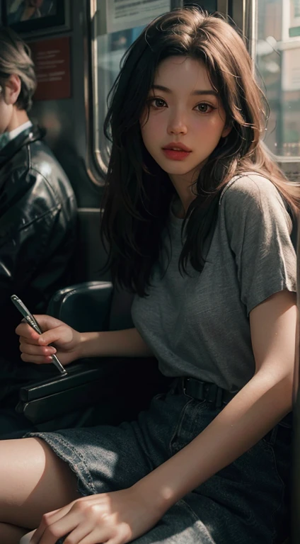 (RAW photo, best quality), (realistic, photo-realistic:1.3),best quality,highly detailed,masterpiece,ultra-detailed,illustration,1girl,full_body,dynamic angle,world masterpiece theater,messy_long_hair,best quality,extremely detailed CG unity 8k wallpaper,ink,Amazing,cinematic lighting,lens_flare, dunhuang_style, on the train