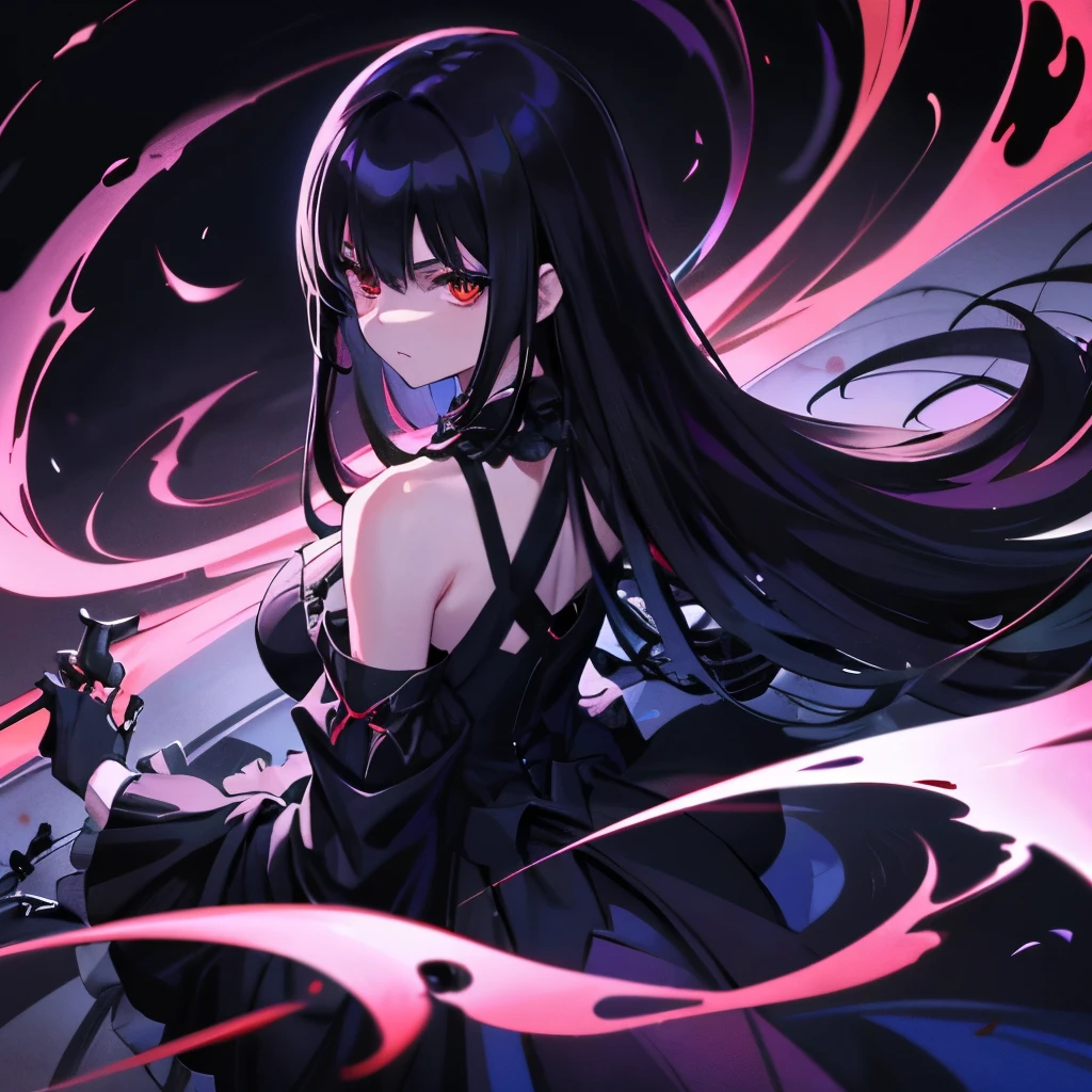 (best quality, high-resolution: 1.2), ultra-detailed, anime-inspired art, red eyes gleaming with malice, long, dark, straight black hair cascading down her back, the villainous 18-year-old girl clad in an elegant, form-fitting black dress, fair skin contrasting starkly with the darkness, a large blue flame forming the silhouette of a man behind her, the ominous figure casting an ominous glow on the scene.
