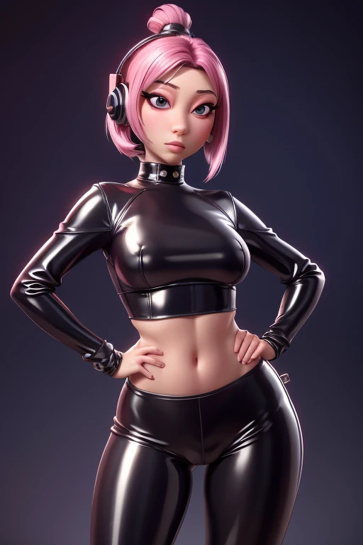 Obra maestra, mejor calidad, high resolution, 1 chica, Ultra high resolution, Solo D.Y, Auriculares, ojos rosados, By the chestnut, guantes blancos, face decoration, tiro de cuerpo completo, lindo, realista, lindo Pose, cuerpo perfecto, fondo ciber punk, top corto, cute latex panties with shiny design