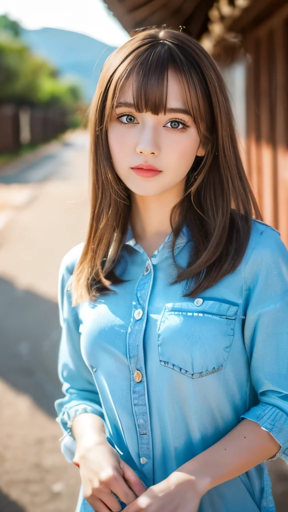Best quality, 8k,  ,Masterpiece :1.3)), facing viewer,((full body1.2)) ,pretty woman, wide shot ,1girl, , selfie   , ,  Ranch, brown hair  , bangs,ultra-detailed face, highly detailed lips, detailed eyes, double eyelid