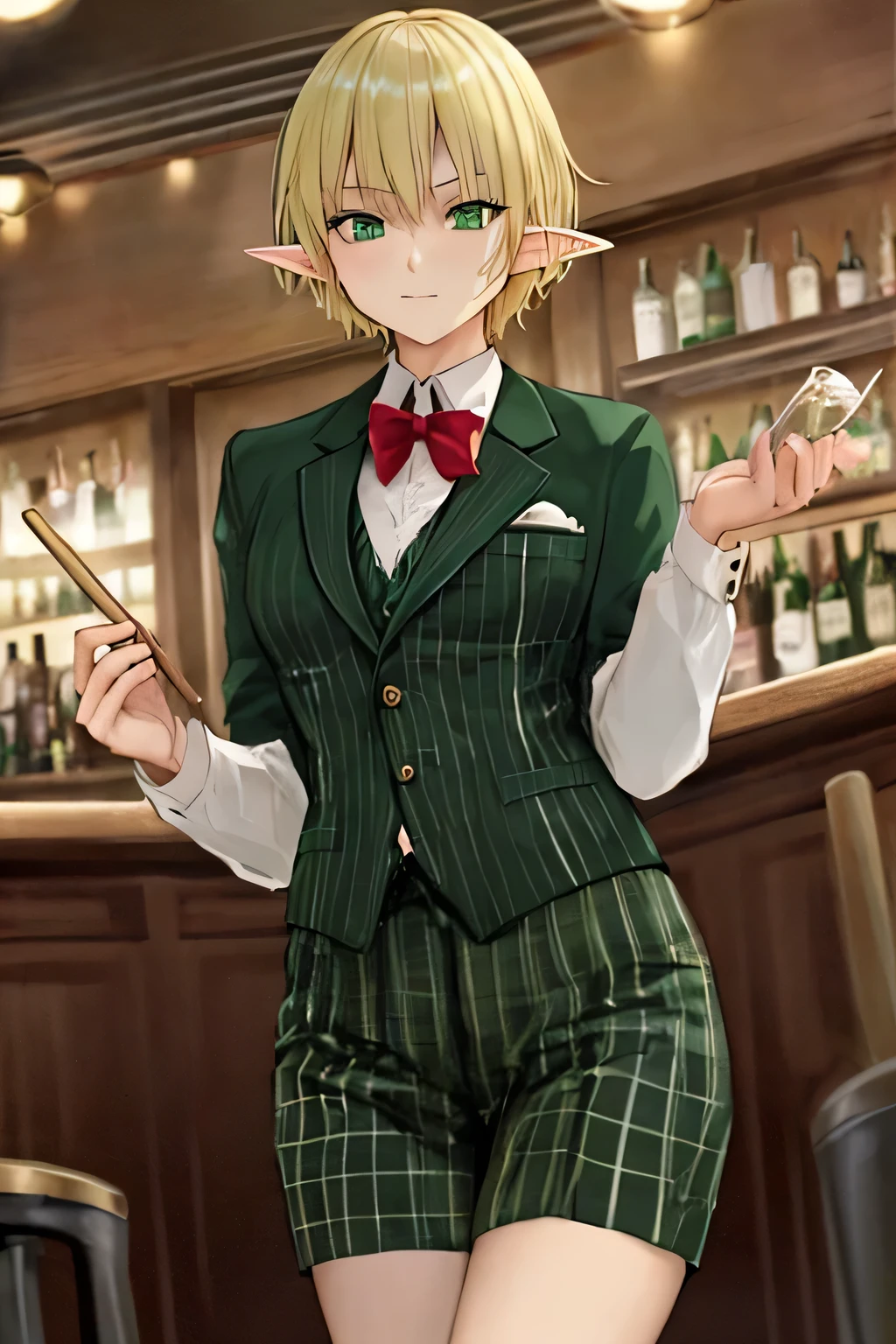 Green Eyes、Blonde short、Bar Master、Elf、suit
