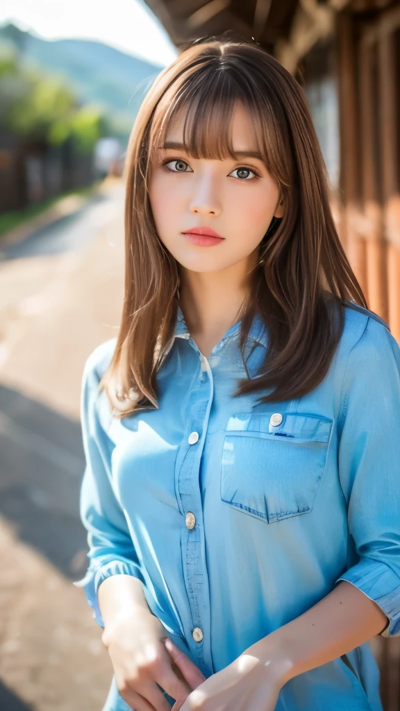 Best quality, 8k, ,Masterpiece :1.3)), facing viewer,((full body1.2)) ,pretty woman, wide shot ,1girl, , selfie , , Ranch, brown hair , bangs,ultra-detailed face, highly detailed lips, detailed eyes, double eyelid