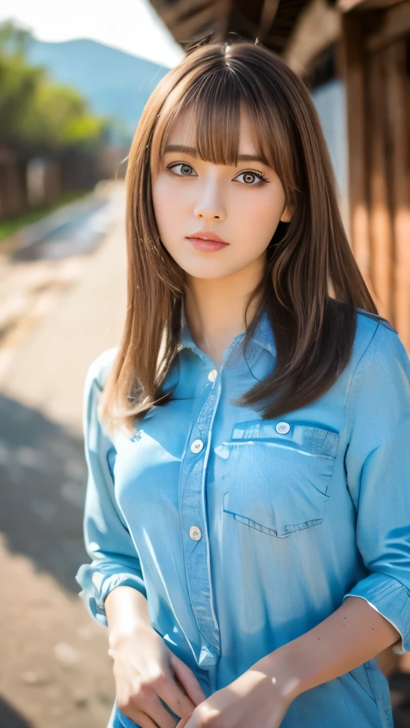 Best quality, 8k, ,Masterpiece :1.3)), facing viewer,((full body1.2)) ,pretty woman, wide shot ,1girl, , selfie , , Ranch, brown hair , bangs,ultra-detailed face, highly detailed lips, detailed eyes, double eyelid