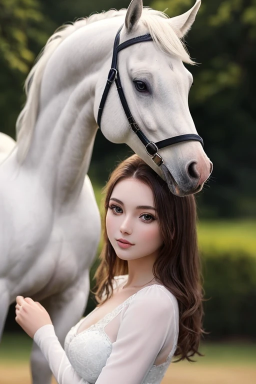 an extremely beautiful white horse that looks magical and at its side is a very beautiful girl with white skin, brown hair and brown eyes
