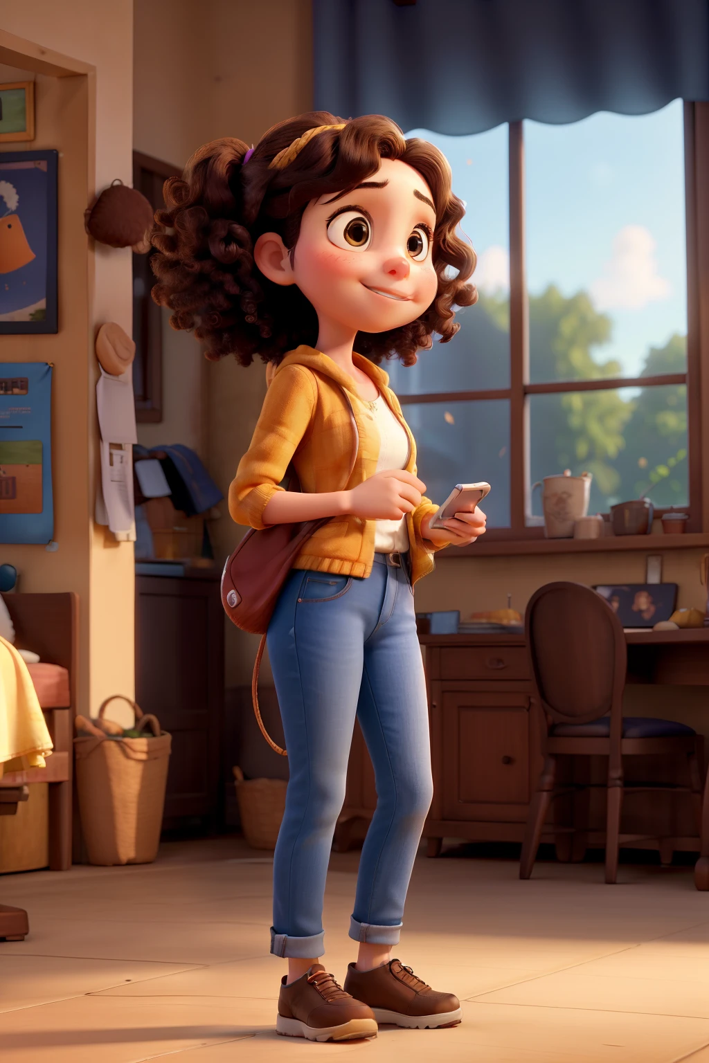 A 24-year-old cute girl, with a 3D, stylized Pixar and Disney quality appearance, stands in a full body, side view position, talking on the phone. Her features are rendered in exquisite detail, showcasing prefect anatomy. The sun sets behind her, casting a warm glow on her radiant face. The phone in her hand illuminates her features as she engages in an animated conversation. Her curls cascade down her back, framing her pretty face. The scene is captured in 4k resolution, bringing out the rich details and vibrant colors of the environment and character. The soft rustling of leaves in the gentle breeze adds a