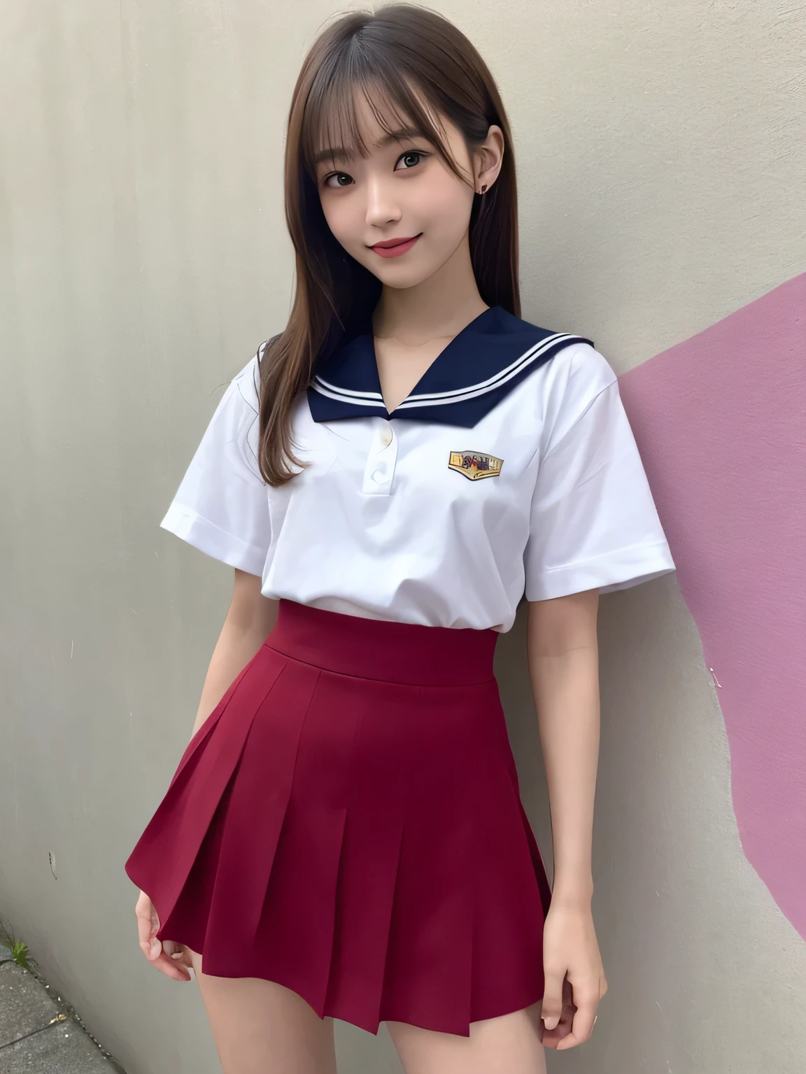 In detail,Full body photo、 High resolution, high quality、Slim body、Perfect dynamic composition, Beautiful fine details, Blonde、ponytail、Natural color lip,Kamimei、17-year-old girl、1 person、Clear Skin、Sailor suit、Red mini skirt、Thighs、Shiny Hair、最high quality, figure, Very detailed, In detail, High resolution, 8k、The correct state of the human body、Pink wall,Thighs are visible、smile、