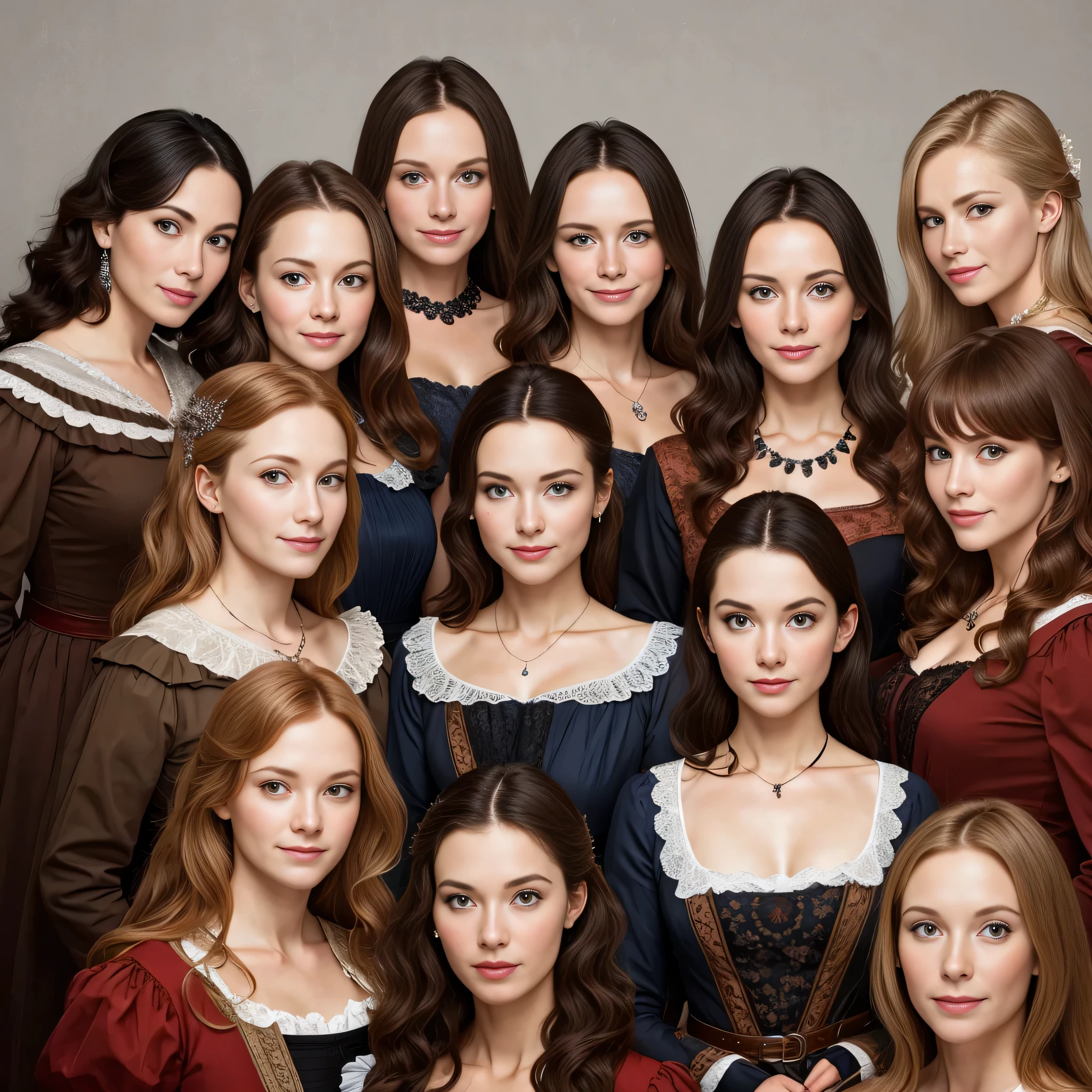 beautiful group of 20 person woman dutch wearing gothic costume focus on face