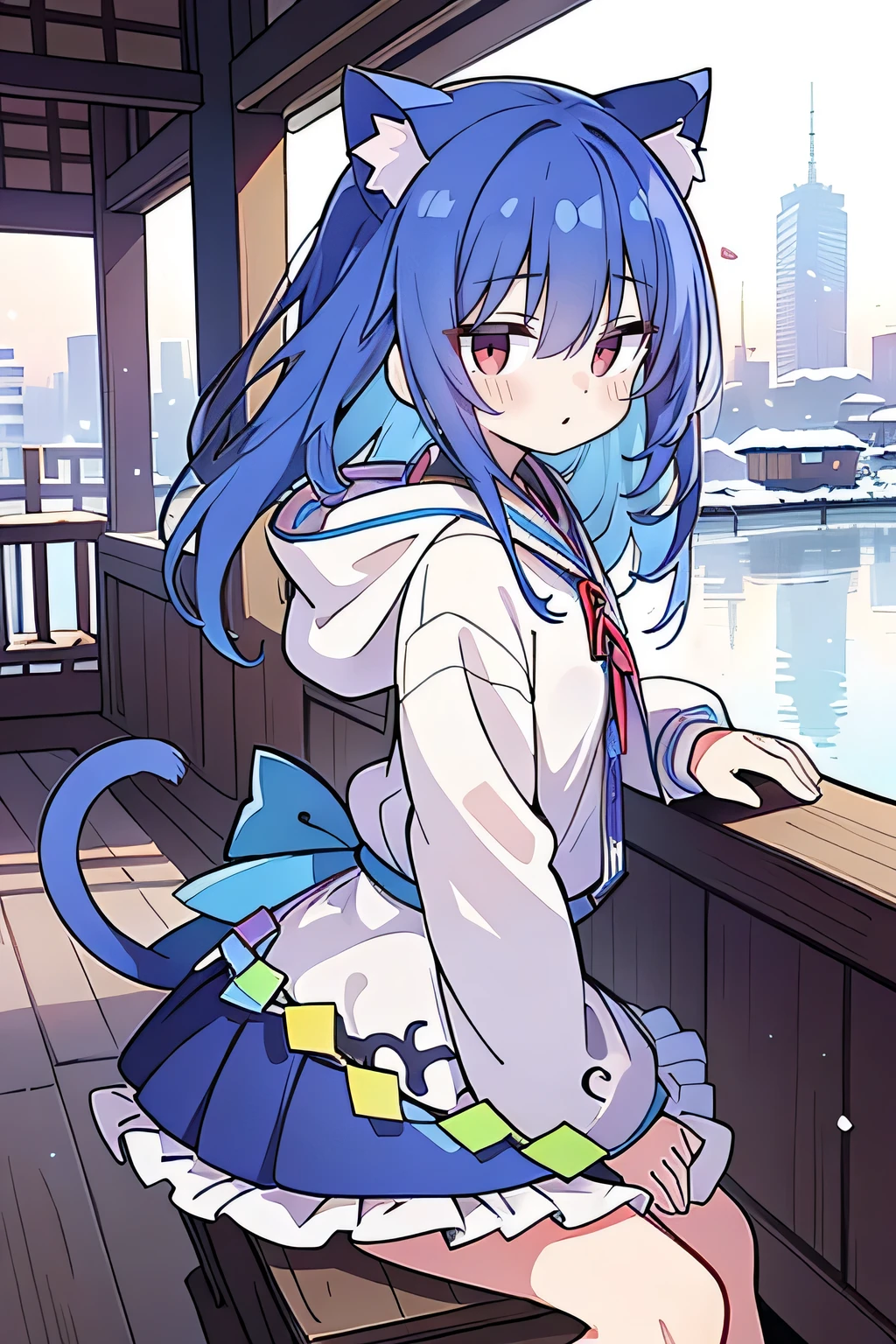 (masterpiece:1.2),Super detailed,lifelike,Expressive eyes,fair skin,perfect face shape,1 girl,
Japanese comics,Gorgeous blue hair,flowing blue hair,flowing clothes,Cat ears,Petals fall,beautiful lola,Baby Angel,sunrise,
Shaking head with one hand,Cross your legs,Gentle and peaceful background,The pavilion is cool and comfortable,smile, wearing hoodie, background of tokyo,back views,snowing, winter.
