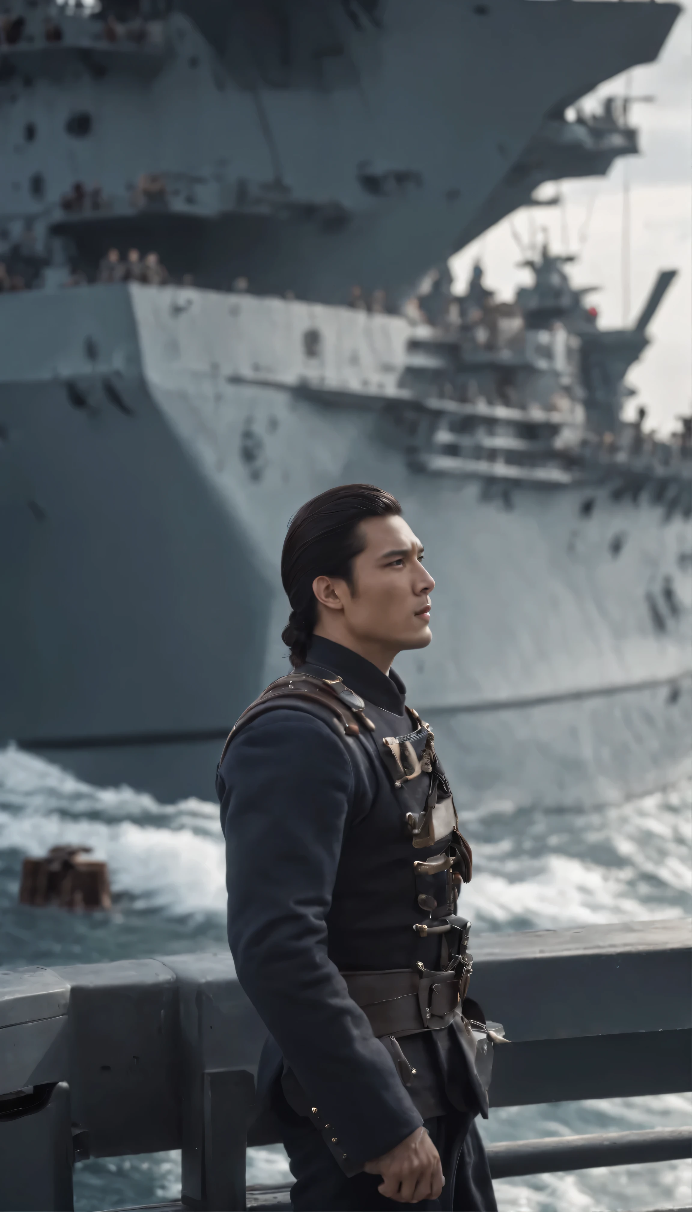 with high definition images、A surrealist masterpiece:1.3、 A dignified figure with dark hair、Taylor Kitsch、 masterpiece、Super Detail、8k、 A scene from the movie "Battleship"、 A charismatic leader with a strong gaze、Taylor Kitsch、 Realistic and detailed face and body、 Black hair fluttering in the wind、 With the raging sea in the background、 Majestic battleship under ambient lighting、 Volumetric effects and high contrast、 Weathered texture of a battleship deck、 Detailed uniforms and equipment、 High definition reflection on the water surface. The best image
