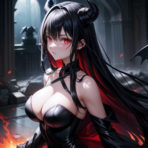(Best quality, high-resolution: 1.2), ultra-detailed, anime-inspired art. A villainous 18-year-old girl is depicted in this artwork, her red eyes gleaming with malice. Her long, dark, straight black hair cascades down her back, framing her fair complexion that contrasts starkly with the darkness surrounding her. She is clad in an elegant, form-fitting black dress that accentuates her curves. A large blue flame forms the silhouette of a man behind her, the ominous figure casting an eerie glow on the scene. The girl's demon horns can be seen atop her head,