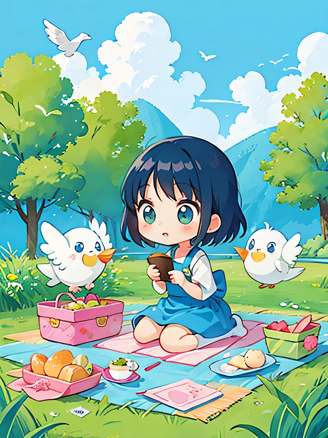Fujio Akatsuka Style, Kawaii Design, most beautiful girl ever、Chibi, birdie、picnic、on the cloud