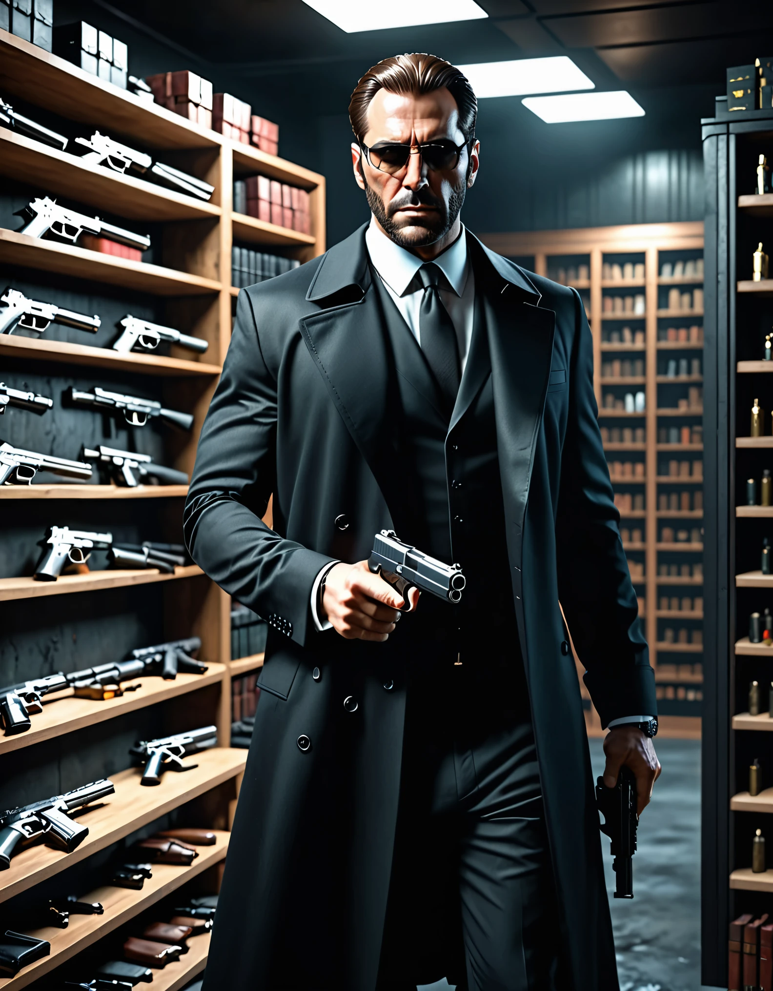 there is a man in a suit and tie holding a pistol, glock 17, neo - noir style, 3 d render character art 8 k, (albert wesker:0.4) full body portrait, neo noir style, concept art like ernest khalimov, cinematic full character, male character, highly detailed character, full body shot hyperdetailed, (arnold maya render:0.4), he is wearing a black trenchcoat, solo, single, (eyeglasses), long black trenchcoat, black suit and tie, (black shirt), dress shoes, formal, stoic. (weapons room backdrop, shelves behind him, weapons on each shelf).
