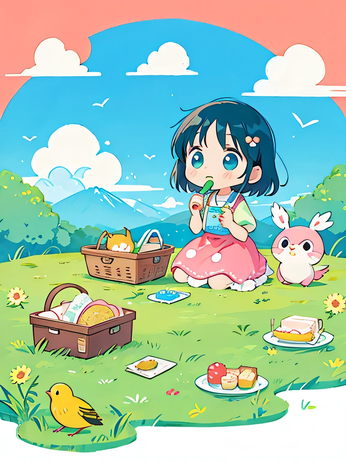 Fujio Akatsuka Style, Kawaii Design, most beautiful girl ever、Chibi, birdie、picnic、on the cloud