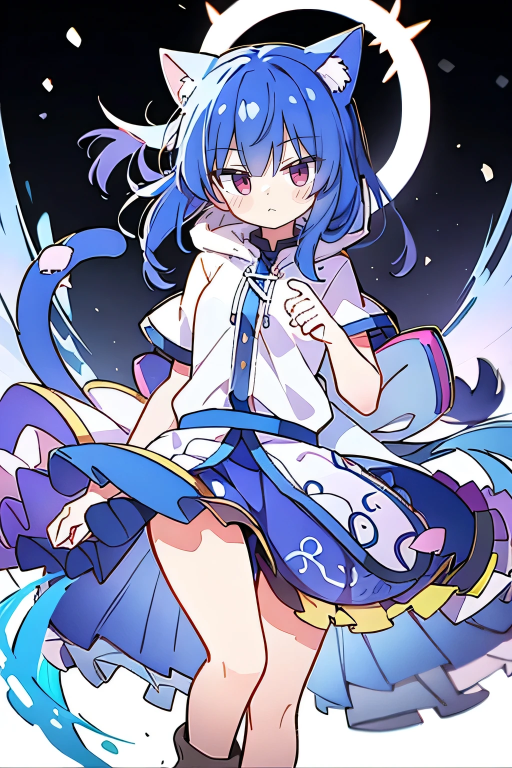 （masterpiece：1.2），Super detailed，lifelike，Expressive eyes，fair skin，perfect face shape，1 girl，
Japanese comics,Gorgeous blue hair,flowing blue hair,flowing clothes,Cat ears,Petals fall,beautiful lola,Baby Angel,sunrise,
Shaking head with one hand，Cross your legs，Gentle and peaceful background，The pavilion is cool and comfortable,smile, wearing hoodie, background of tokyo,back views,snowing, winter.
