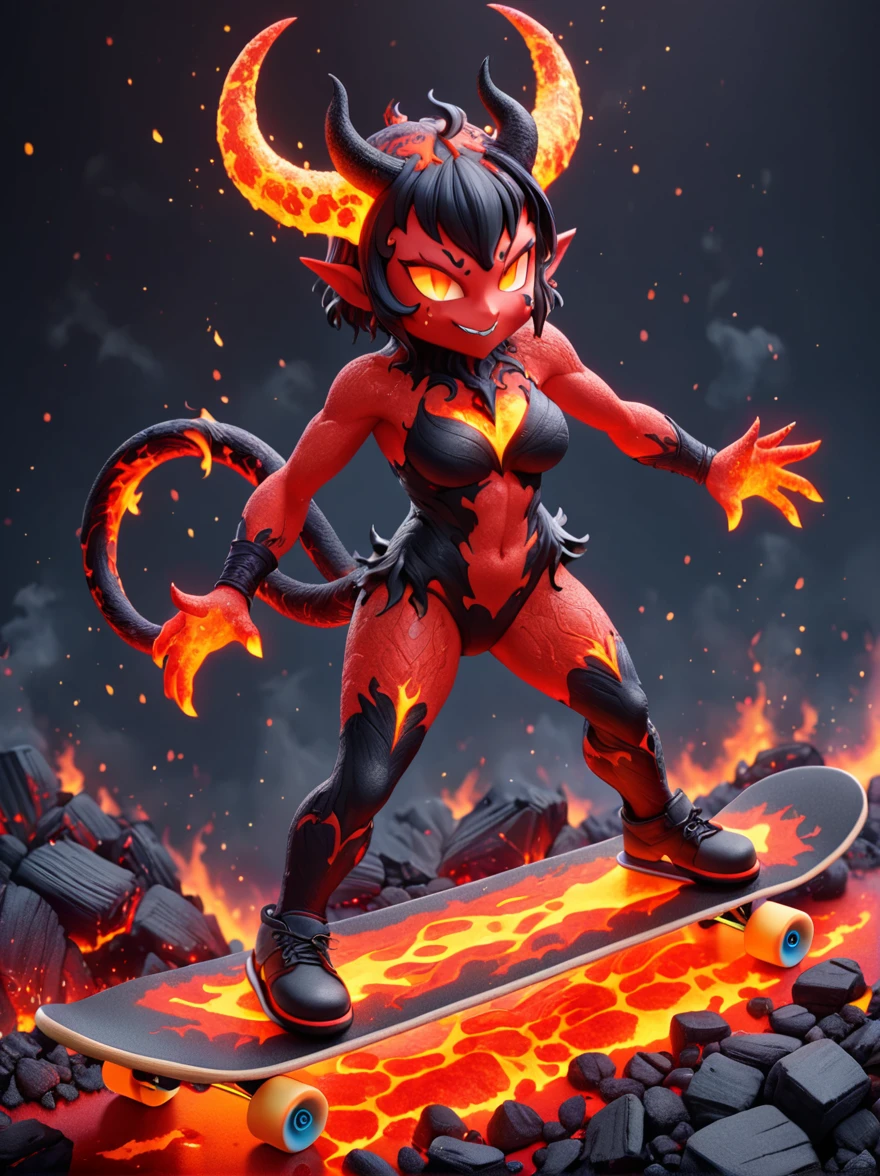 (1 female devil with a body made of volcanic magma and lava:1.5)，(With menacing horns and crimson lava skin:1.3), strike a playful pose, Standing on a skateboard, (Close one eye:1.3), Red Eyes, Pouting cute little mouth, Swirling tendrils of smoke leave behind them，proudly, Cartoon Style, full-body shot, Created with C4D and Blender, Blind box toy styles, Super Detail, Anatomically correct, masterpiece, precise